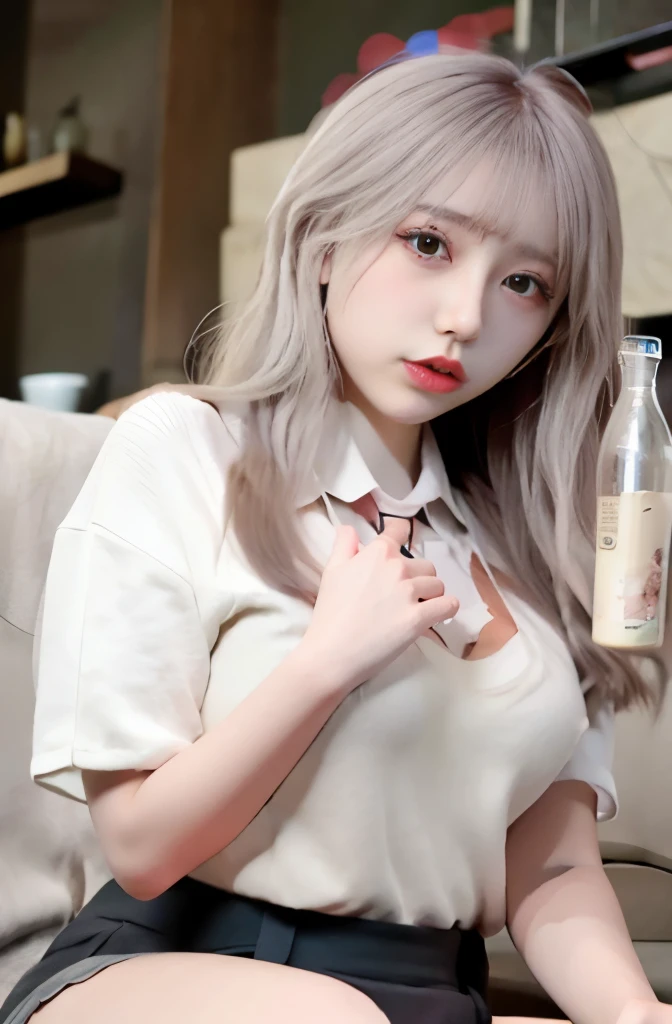 A slim girl with a sexy look on her faceGNaked Japanese white-haired beauty with a cup