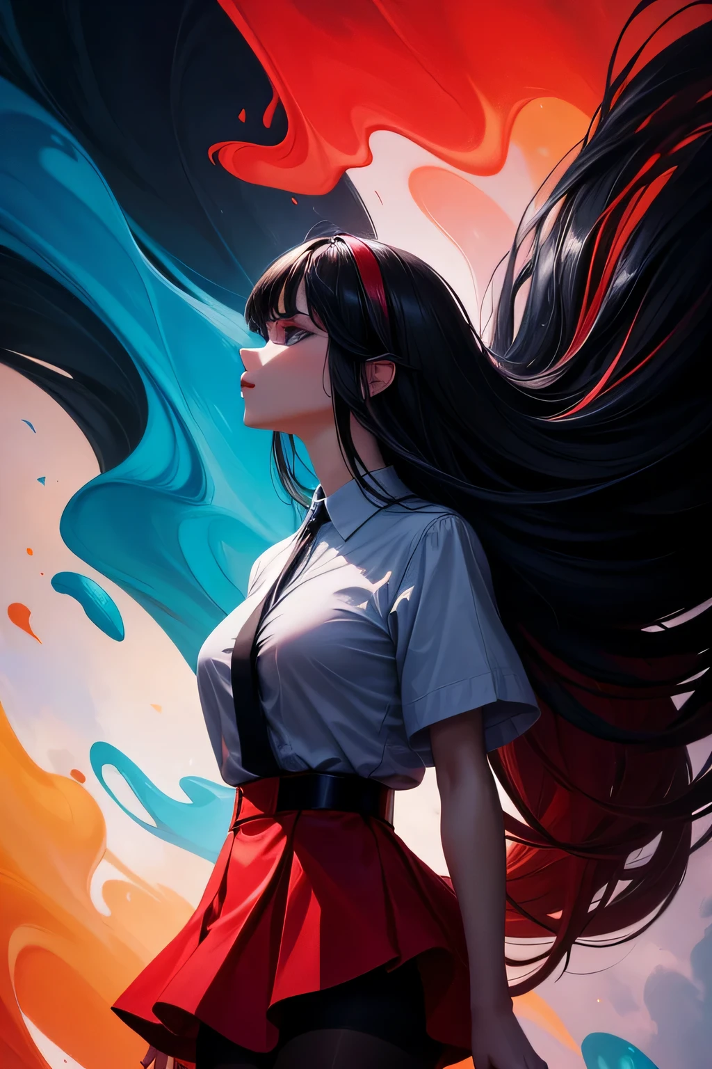 1woman wearing trendy clothes, in an abstract oil painting style, fashion show, The painting is ultra-high detailed and has a resolution of 8k, showcasing the best quality and craftsmanship. The background is colorful, with a touch of fog and smoky, creating a mysterious atmosphere.the city that never sleeps、oilcolor Touch,(a woman:1.2), , luminous design, vivit colours,spring lights,Artistic,azure, red (black pantyhose:1.1), black high heels, black short skirt