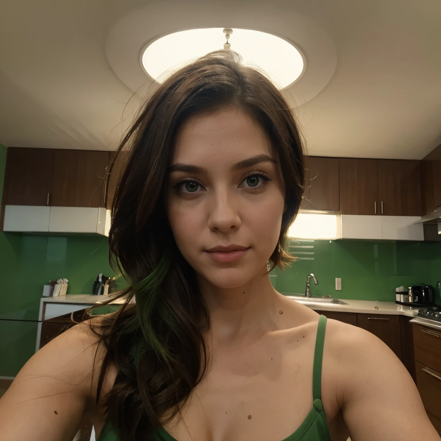 32 year old woman selfie masterpiece best quality bob hair brown bright green eyes
