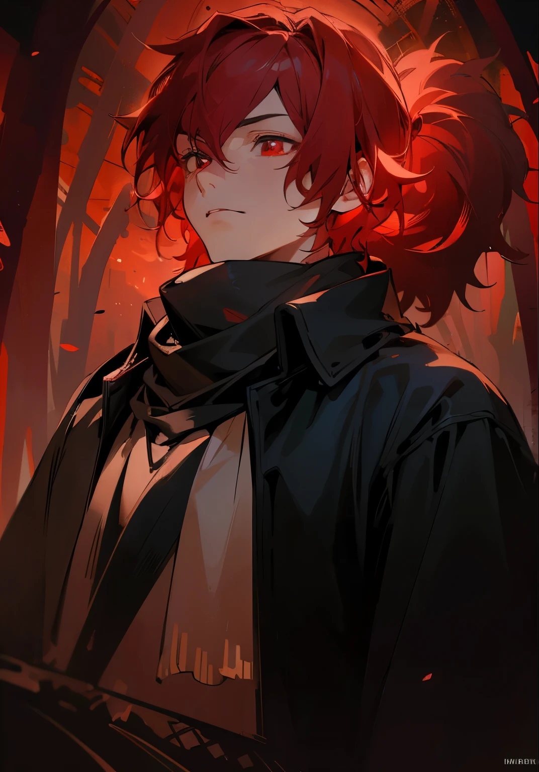 (a boy with darkened red hair, hidden eyes, highly detailed, emitting a dark aura, dressed in a black cloak, Anime boy, high quality, 8k)
(best quality, 8k, ultra-detailed, realistic:1.37), dark atmosphere, black background, intense shading, vibrant colors, intricate character design, dynamic pose, flowing red hair, glowing red eyes, striking facial features, brooding expression, mysterious aura, impeccable linework, meticulous attention to detail, anime-style rendering, dramatic lighting, atmospheric shadows, cinematic composition, intense emotions, epic scale