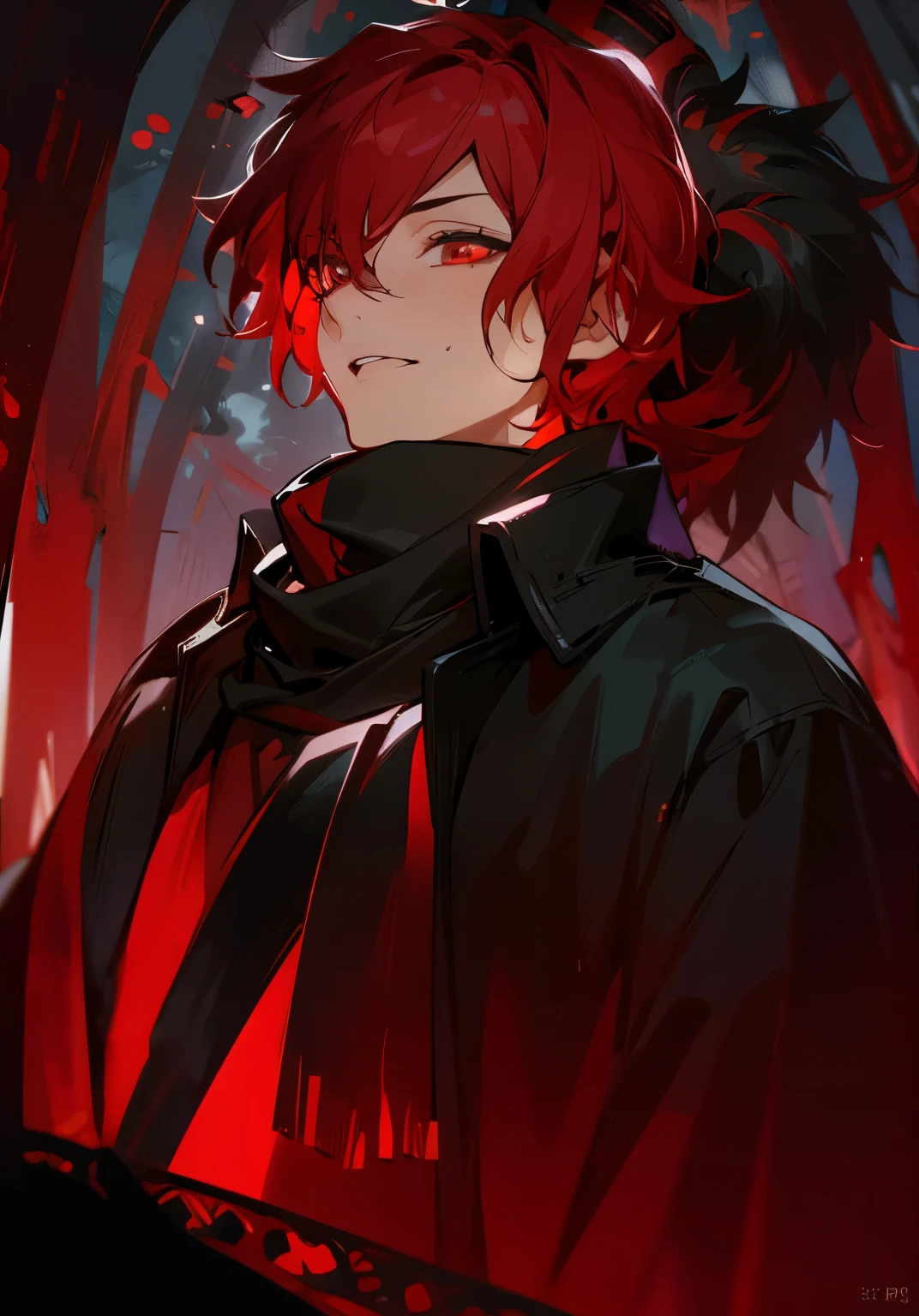(a boy with darkened red hair, hidden eyes, highly detailed, emitting a dark aura, dressed in a black cloak, Anime boy, high quality, 8k)
(best quality, 8k, ultra-detailed, realistic:1.37), dark atmosphere, black background, intense shading, vibrant colors, intricate character design, dynamic pose, flowing red hair, glowing red eyes, striking facial features, brooding expression, mysterious aura, impeccable linework, meticulous attention to detail, anime-style rendering, dramatic lighting, atmospheric shadows, cinematic composition, intense emotions, epic scale
