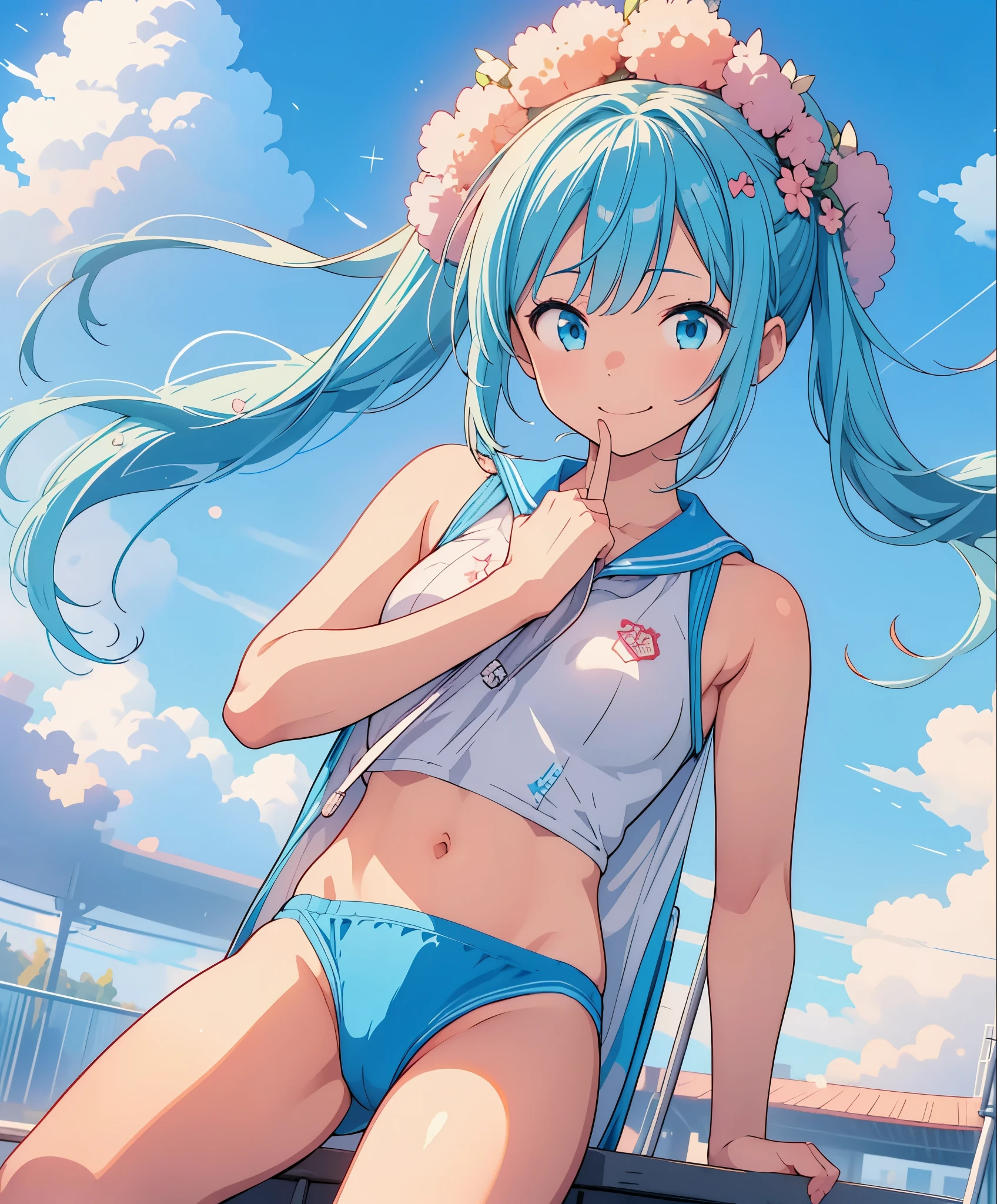 (masterpiece、highest quality、highest quality、official art、beautiful beautiful:1.2)、(1 girl:1.3)Hatsune Miku、twin tails,big breasts,table top, highest quality, 8K_wallpaper, (beautiful eyes), ((cute)), cute, (Lovely), (Please park on sunny days),1 girl,,1 ,standing girl,smile,close up of face、Portrait(((run a marathon)))、(((jogging)))、((track and field uniforms))