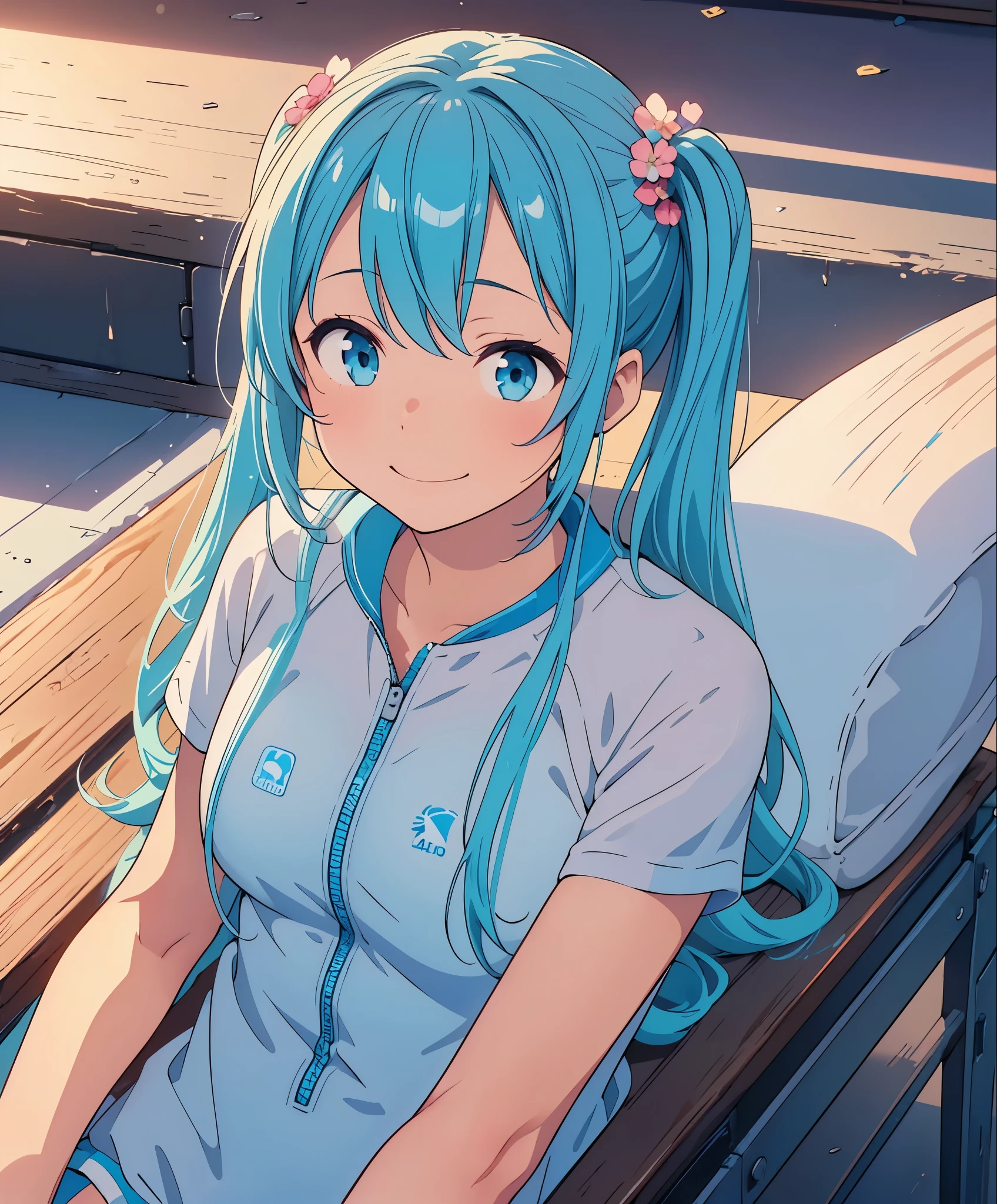 (masterpiece、highest quality、highest quality、official art、beautiful beautiful:1.2)、(1 girl:1.3)Hatsune Miku、twin tails,big breasts,table top, highest quality, 8K_wallpaper, (beautiful eyes), ((cute)), cute, (Lovely), (Please park on sunny days),1 girl,,1 ,standing girl,smile,close up of face、Portrait(((run a marathon)))、(((jogging)))、((track and field uniforms))