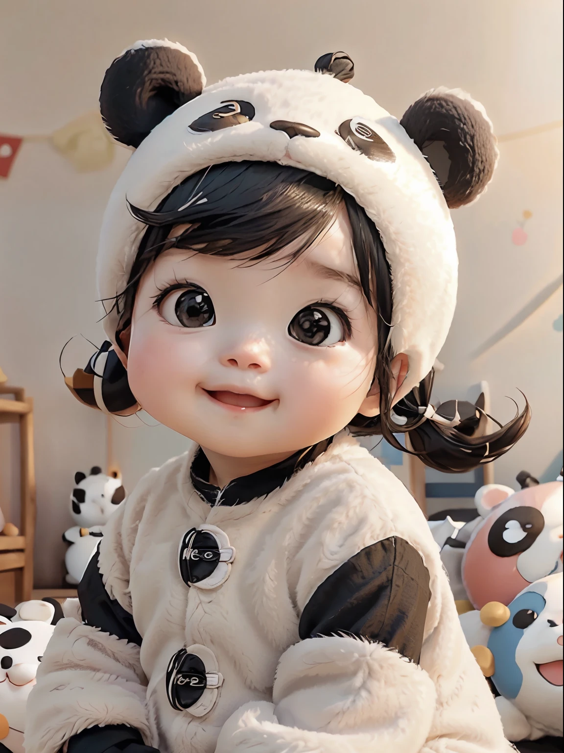 In anime、Wearing a panda costume、Striking a cute pose、Take a photo from the side、I laugh out loud.、