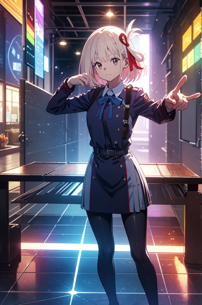 full body, pointing gun, gun action, at the audience, detailed five-fingered hand, holding a handgun, Chisato Nishikigi, lycoris uniform and sparkling background, highest quality,((highest quality)),((table top)),((perfect face)), detailed5two-fingered hand,1 girl and city background, ((holographic)), (stripes of light), impressive visuals, Like the cover of a movie, (dynamic streak, path of light:1.2), rainbow color, bright colors, and face up,dynamic pose,