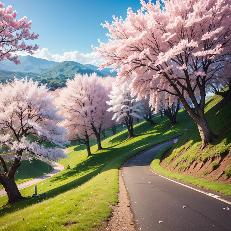 Cherry blossom tree hill in background 