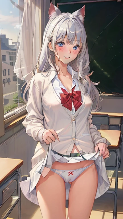 ((1 girl:1.5))、(smile:1.5)、、(cowboy shot)、(fun!!)、(white cardigan:1.5)、(dog ears)、(silver hair)、(blush:1.5)、(long hair)、(eye highlights:1.3)、blake black shoes,(黒いskirt:1.5)、bow, button, shirt with collar, long sleeve, ((red bow tie, ,, white shirt, チェック柄のskirt:1.5、white socks)),, shirt,, skirt, socks, thighs, white shirt, Rest indoors, ((classroom:1.5))、 BREAK while watching the audience、 (perfect hands, perfect anatomy),cowboy shot、(skirtlift:1.3),(highly detailed white panties:1.3)、(highly detailed panties:1.3)、、(skirt that rolls up:1.3)、(fully exposed panties:1.5)、light blue eyes