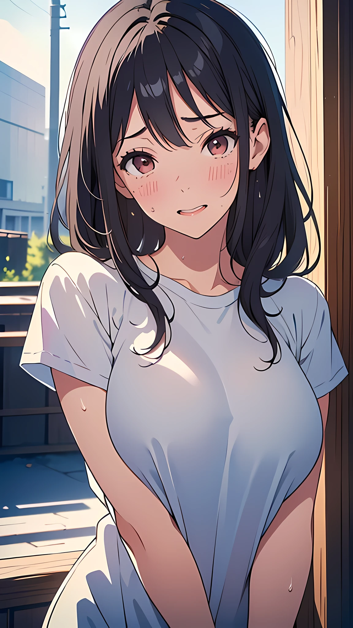 (masterpiece:1.6),(best quality1.6), (ultra high res1.2,perfect proportion,(dark hair:1), ( black hair:1),(beautiful Busty breasts:1.4), (beautiful woman:1.4),(medium hair:1.2),a mole around the mouth,(blush:1.2),(sexual ecstasy face:1.4) ,(aroused:1.4),(embarrassed:1.4),(squinting:1.4), (sweaty:1.2),(White t-shirt),(upper body shot:1.3), shoot from front,close-up, (looking viewer:1)