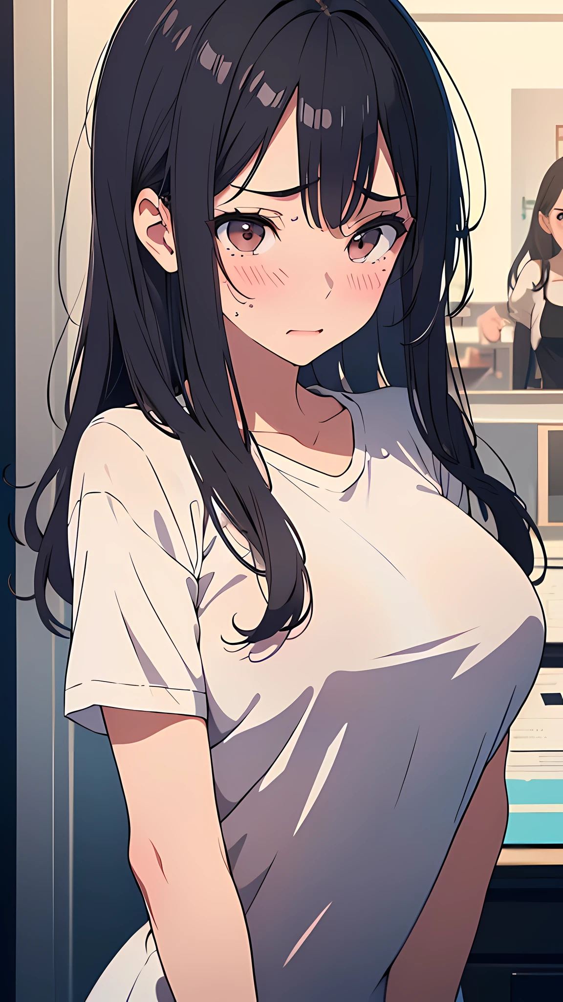 (masterpiece:1.6),(best quality1.6), (ultra high res1.2,perfect proportion,(dark hair:1), ( black hair:1),(beautiful Busty breasts:1.4), (beautiful woman:1.4),(medium hair:1.2),a mole around the mouth,(blush:1.2),(sexual ecstasy face:1.4) ,(aroused:1.4),(embarrassed:1.4),(squinting:1.4), (sweaty:1.2),(White t-shirt),(upper body shot:1.3), shoot from front,close-up, (looking viewer:1)