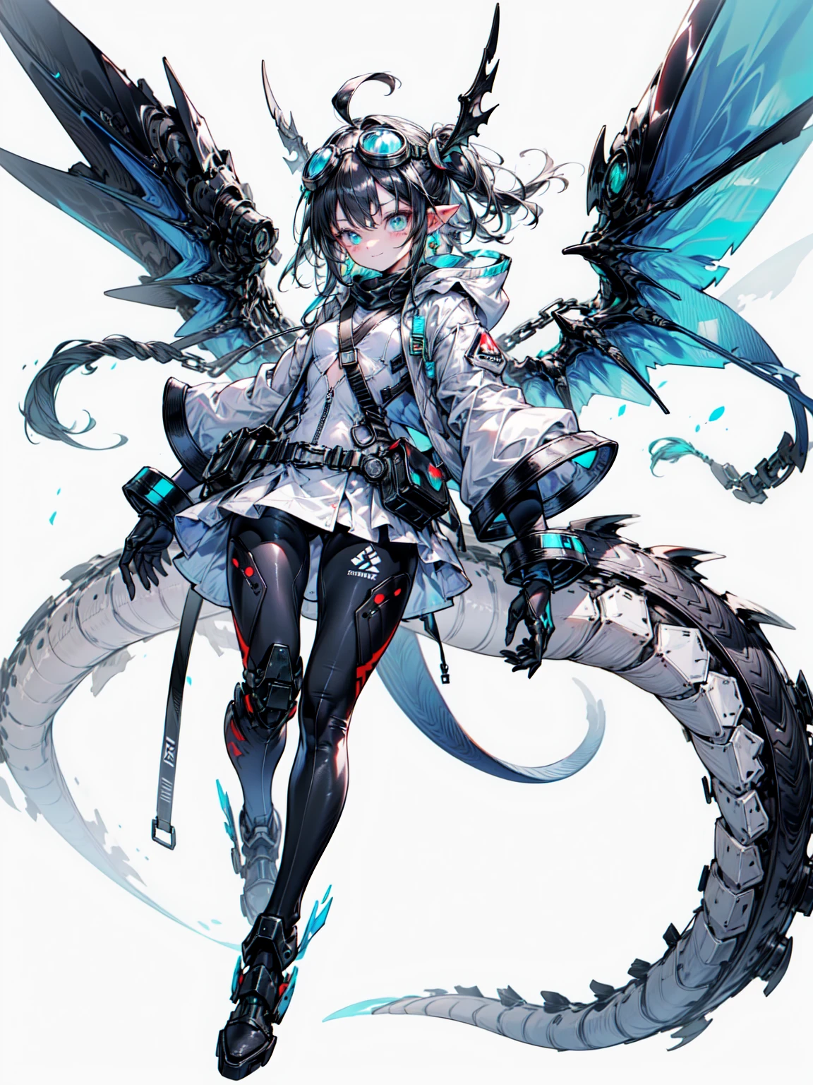 dragon ears, Mecha, mechanical, dragon wings, dragon tail, dragon horn, (goggles on head:1.3),, ultra get used to it, masterpiece, highest quality, beautiful, get used to it,, alone, smile, 1 girl, aqua eye, black hair, low ponytail, Ahoge, unusually long hair, very long hair, Hair flap, hair between eyes, bangs, messy hair, small breasts, goggles on head, closed mouth,, hooded coat, open coat, turtleneck, pants, Black knee boots, multiple straps, white coat, Layering, hair ribbon, pants under skirt,