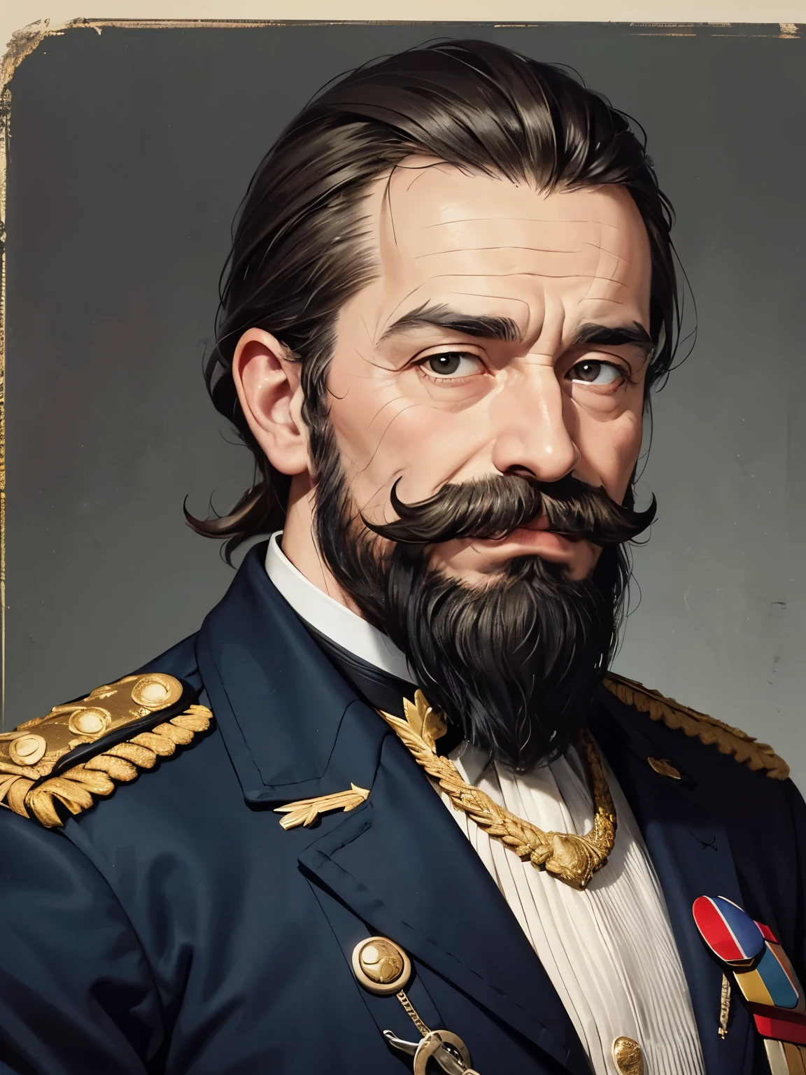 a close up of a man in a uniform with a mustache, a colorized photo by Alison Geissler, flickr, op art, mutton chops, muttonchops, long twirling moustache, portrait of a mad general, colorized, decorated civil war veteran, colorized photograph, with trimmed mustache, he got a big french musctache, general greivous