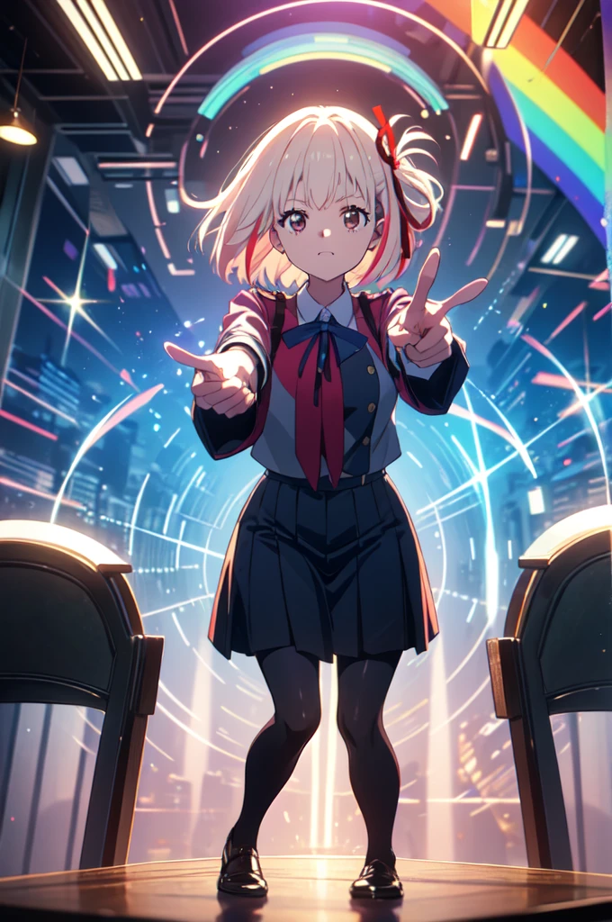 full body, pointing gun, gun action, at the audience, detailed five-fingered hand, holding a handgun, hundgun action, Chisato Nishikigi, lycoris uniform and sparkling background, highest quality,((highest quality)),((table top)),((perfect face)), detailed5two-fingered hand,1 girl and city background, ((holographic)), (stripes of light), impressive visuals, Like the cover of a movie, (dynamic streak, path of light:1.2), rainbow color, bright colors, and face up,dynamic pose,