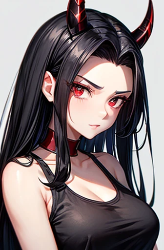 He has long black hair slicked back and a thick, short horn on his forehead.、A glamorous adult woman with red eyes wearing a tank top and gloves Sharp look