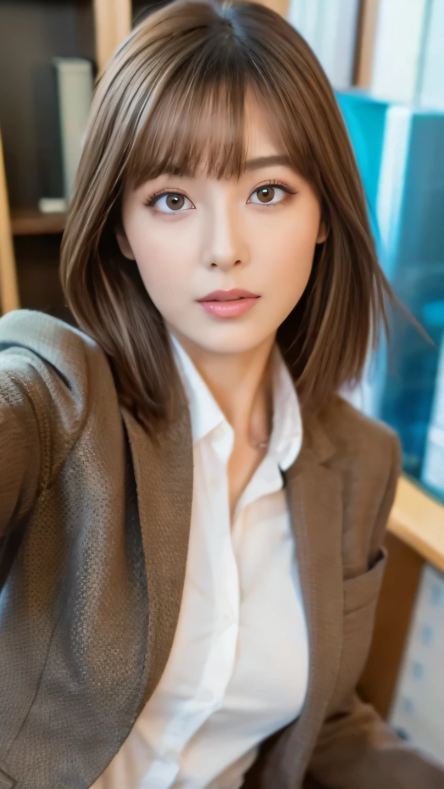 A close up of a woman in a suit sitting on a chair - SeaArt AI