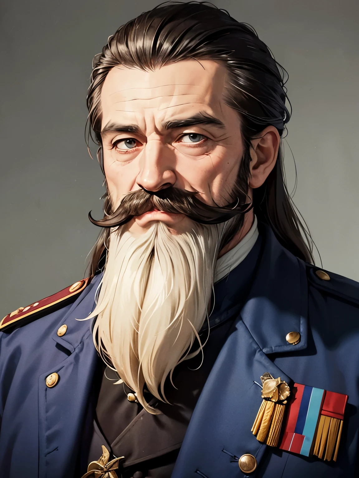 a close up of a man in a uniform with a mustache, mutton chops, muttonchops, long twirling moustache, portrait of a mad general, colorized, decorated civil war veteran, colorized photograph, he got a big french musctache, with trimmed mustache, by Alison Geissler, general greivous, huge mustache, thick mustache