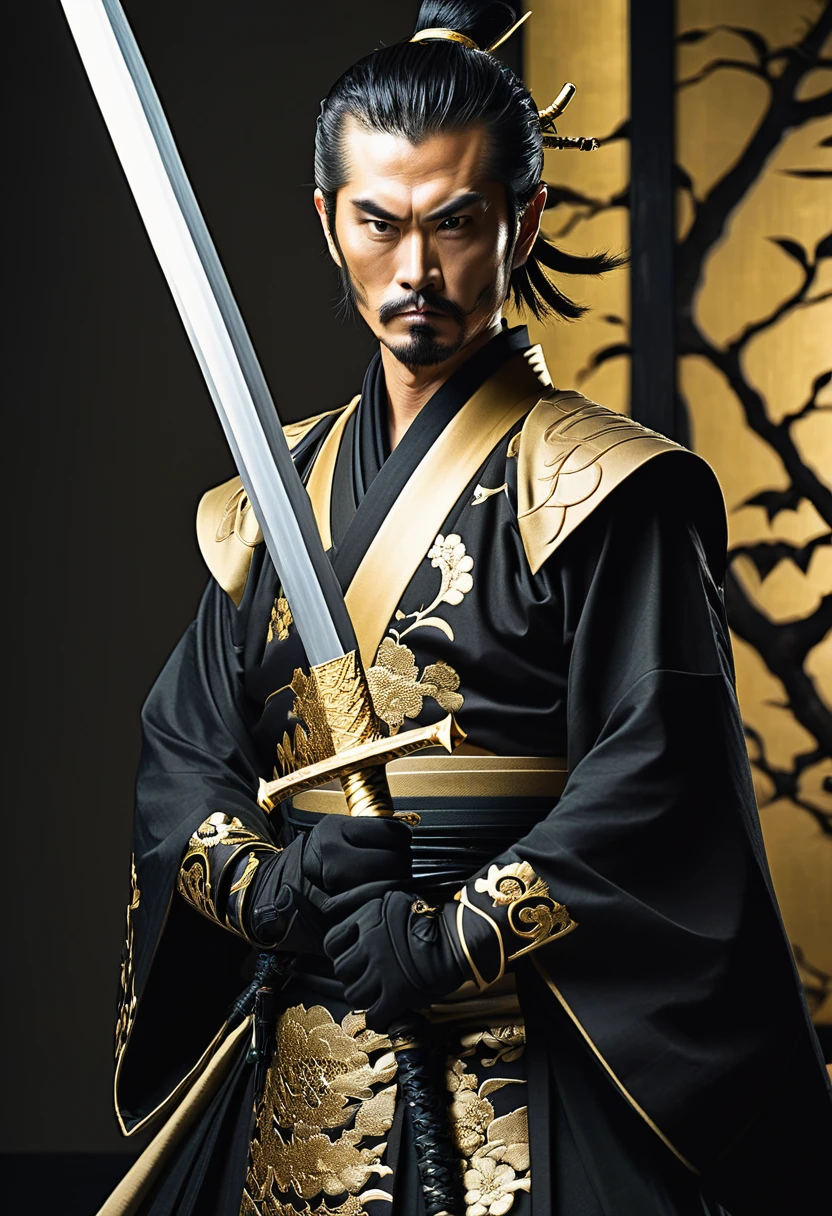 photograph, A man dressed in black and gold and holding a sword (Fantasy Daimyo Style:1)  