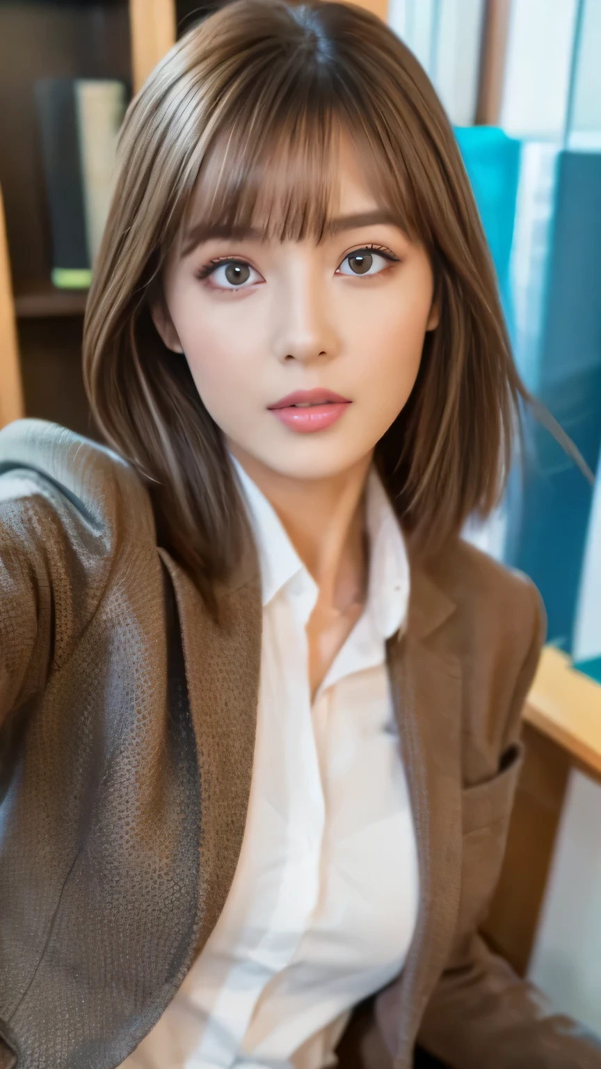 Best quality, 8k, ,Masterpiece :1.3)), facing viewer,((full body1.2)) ,pretty woman, wide shot ,1girl, , selfie , Office,, suits, brown hair , bangs,ultra-detailed face, highly detailed lips, detailed eyes, double eyelid