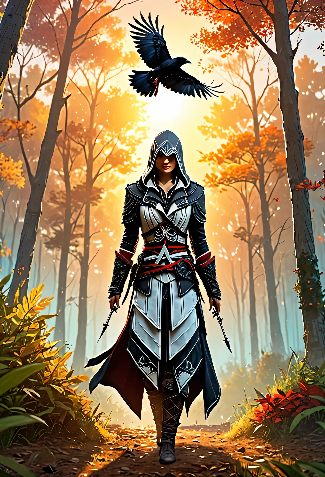 wide shot:1.4, (masterpiece:1.5),(Best quality:1.6), (ultra high resolution:1.4),((1 beautiful woman in well-covered Assassin's Creed-style clothing with a crow:1.5)), middle of the forest at sunset:1.7)), landscape, vibrant colors, sunrise, sun rays passing through the trees, leaves falling from the trees, dew on leaves and plants, clouds, (( magical, beautiful, otherworldly, trees:1.4 )), (( Best quality, vibrant, 32k, clear and well-defined shadows)).