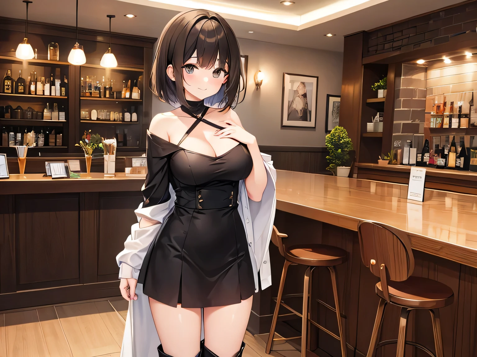 (masterpiece、highest quality、High resolution、realistic pictures、real looking skin:1.1)、
(A woman with beautiful legs stands and spreads her legs々I'm showing it to:1.8)、
(Please use a composition that shows the whole body.:1.8)、
(I'm 25 and have a mature look.:1.8)、
(brown short hair:1.8)、
(I'm smiling:1.8)、
(standing:1.8)、
(She is wearing a grey turtleneck knit mini dress.:1.5)、
(There is a gap around the chest, so you can see the cleavage.:1.5)、
(I'm wearing black mid-length boots:1.5)、
(Location: Cafe Bar:1.5)、
1 Japanese girl、solo、full body esbian、beautiful eyes、shining eyes、Shining thighs、NSFW