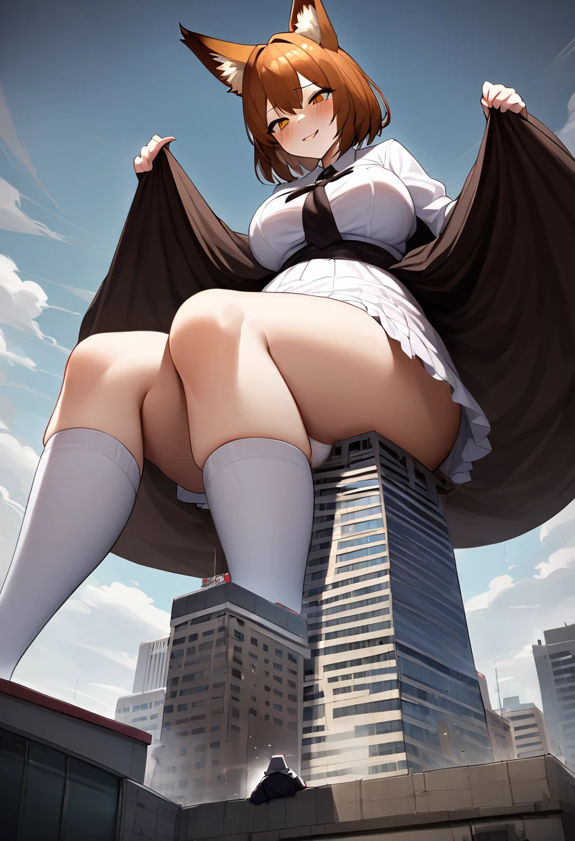 huge, girl,short skirt,teasing,A giant girl taller than a building,Wearing white knee-high socks,Sitting on the roof of the building,The view from the rooftop,Close to the perspective of fat,Toyed around,low angle of view,shrouded in the villain,Lifted up the skirt,arroganthuge,brown hair,fox ears,Teenage girl,short skirt,Teasing the villain,A giant girl taller than a building,arrogant,Wearing white panties,