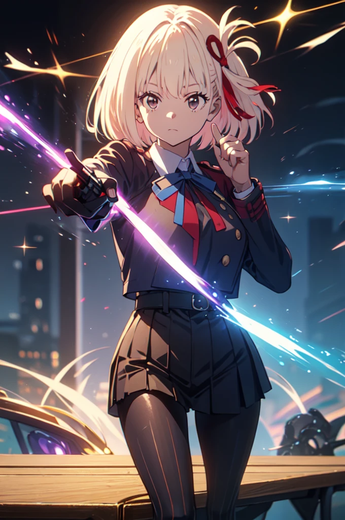 full body, pointing gun, gun action, at the audience, detailed five-fingered hand, holding a handgun, hundgun action, Chisato Nishikigi, lycoris uniform and sparkling background, highest quality,((highest quality)),((table top)),((perfect face)), detailed５two-fingered hand,1 girl and city background, ((holographic)), (stripes of light), impressive visuals, Like the cover of a movie, (dynamic streak, path of light:1.2), rainbow color, bright colors, and face up,dynamic pose,