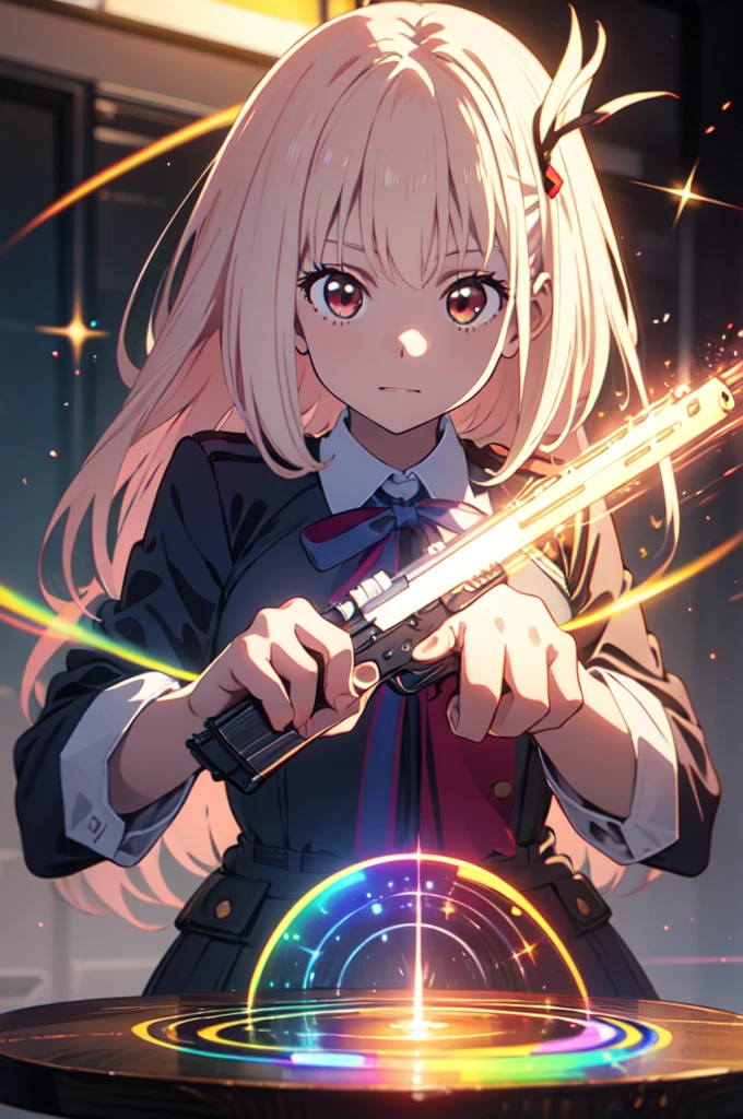 full body, pointing gun, gun action, at the audience, detailed five-fingered hand, holding a handgun, hundgun action, Chisato Nishikigi, lycoris uniform and sparkling background, highest quality,((highest quality)),((table top)),((perfect face)), detailed５two-fingered hand,1 girl and city background, ((holographic)), (stripes of light), impressive visuals, Like the cover of a movie, (dynamic streak, path of light:1.2), rainbow color, bright colors, and face up,dynamic pose,