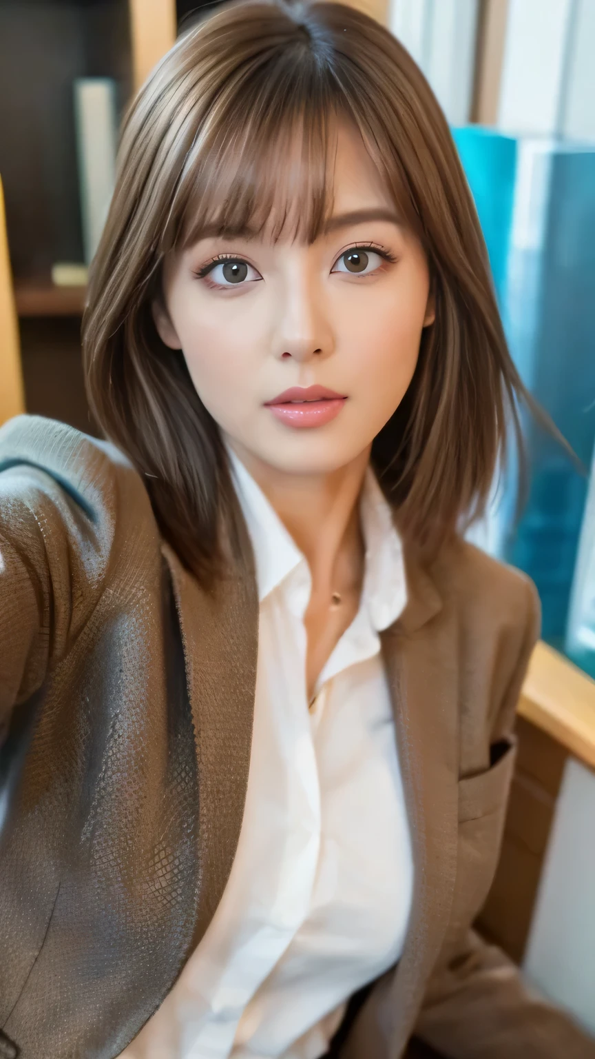 Best quality, 8k,  ,Masterpiece :1.3)), facing viewer,((full body1.2)) ,pretty woman, wide shot ,1girl, , selfie   , Office,,   suits, brown hair  , bangs,ultra-detailed face, highly detailed lips, detailed eyes, double eyelid