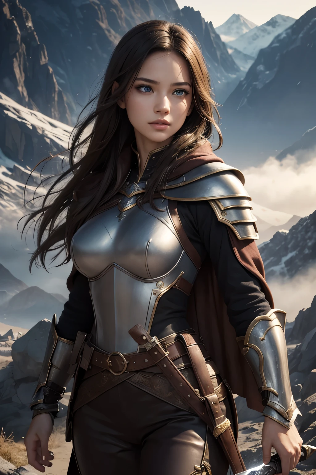 8K,Female adventurer from another world,Super beautiful(like the real thing),Adult woman in leather armor,brown hair,blue eyes,Carrying a long, large sword,Brown combat trousers,dagger on waist,Walking in mountainous areas,perfect face,完璧なhandの造形,Charm,Volume measurement,Body balance,超High resolution,super realistic skin,Digital single-lens reflex camera, soft lighting, high quality, highly detailed face, highly detailed eyes, highly detailed skin, skin, Scattered beneath the surface, highly detailed face, highly detailed eyes, beautiful expression, lip whole, detailed background, Depth of the bounds written, small breasts、volume lighting, sharp focus, absurd, realistic proportions, excellent ???????, (realistic, 超realistic:1.4), 16K HDR, dawn,big breasts,High resolution,super realistic skin,super beautiful expression,fantasy art,character art,dynamic pose,Makeup,brown cloak,Carrying large luggage on your back,hand,