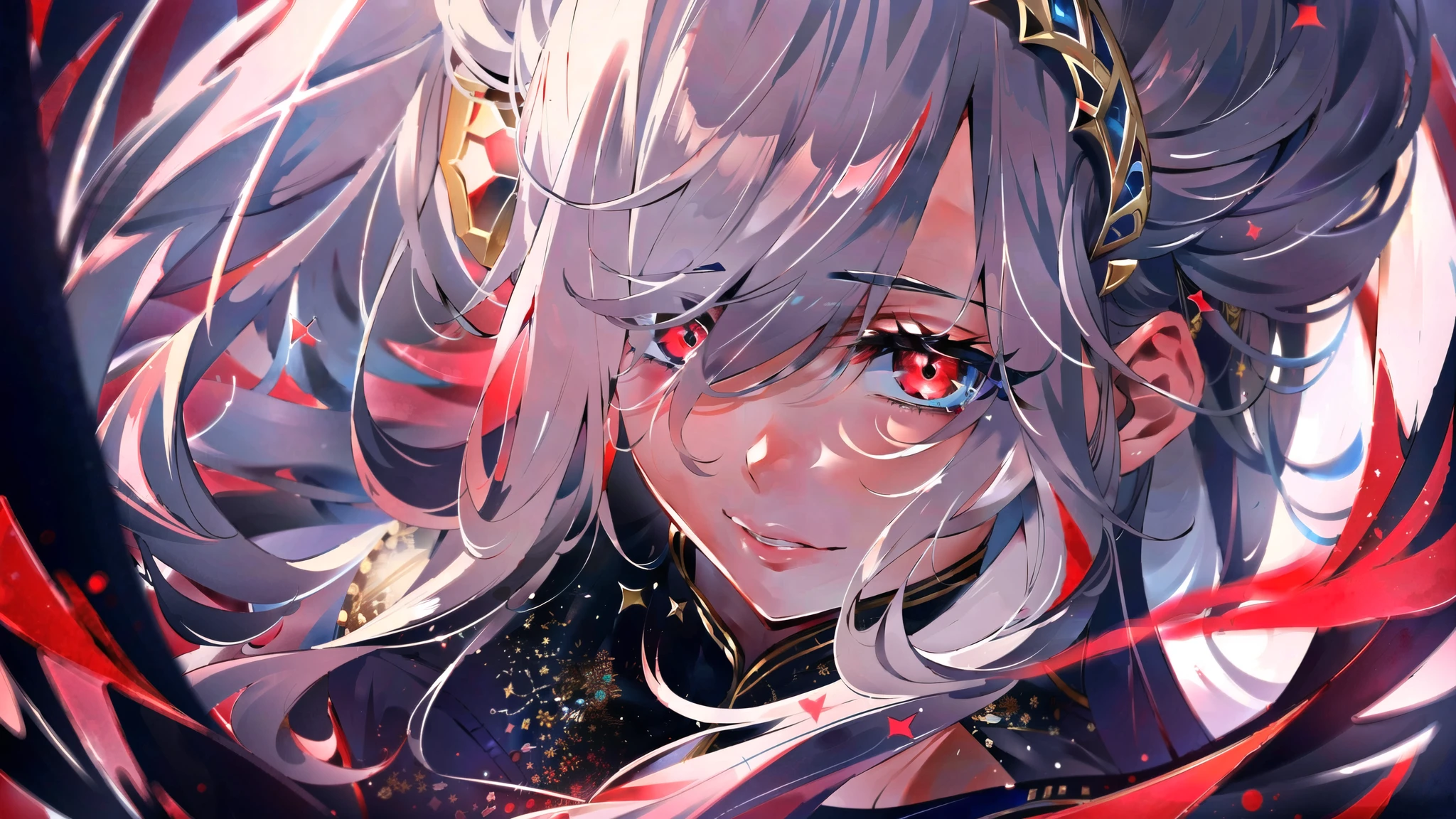 (masterpiece, best quality, ultra-detailed, best shadow), (detailed background, dark fantasy), (beautiful detailed face), high contrast, (best illumination, an extremely delicious and beautiful), ((cinematic light)), colorful, hyper-detailed, dramatic light, intricate details, (1 girl, solo, white hair, sharp face, back hand, low double ponytail, red eyes, hair between eyes, dynamic angle), blood splash, black light swirling around the character, depth of field, black light particles, (broken glass), magic array,
