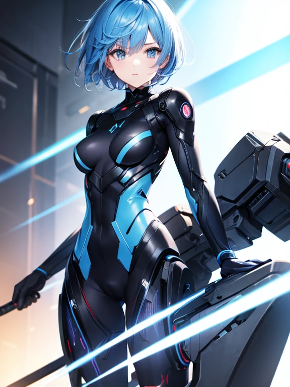 girl　cyborg　slender　Blue bodysuit　short hair