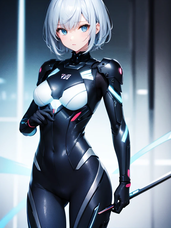 girl cyborg slender Blue bodysuit short hair