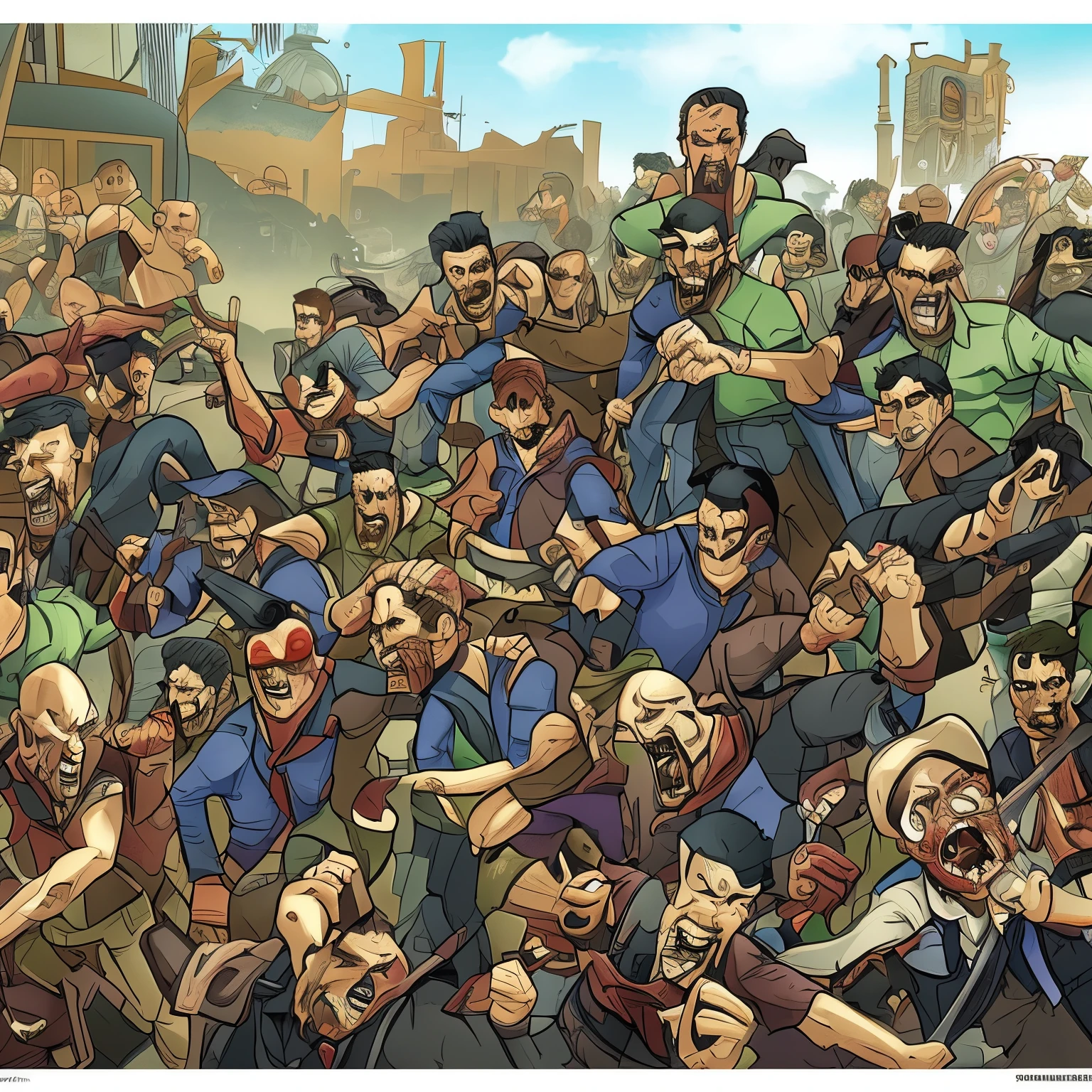 Sobrevivientes combatiendo zombies en caricatura 