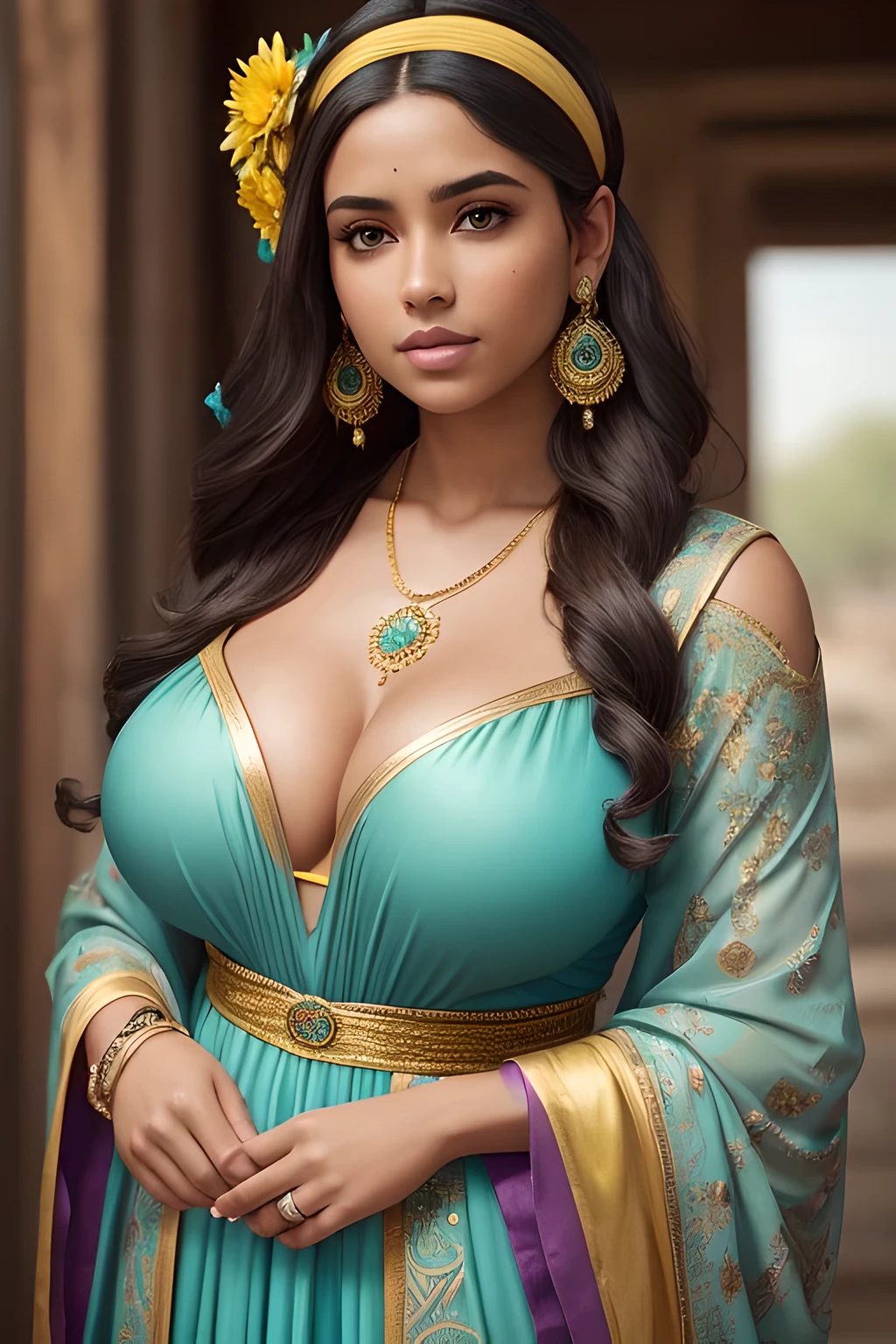 epic realistic, (hdr:1.4), (muted colors:1.4), apocalypse, abandoned, neutral colors, night, screen space refractions, (intricate details), (intricate details, hyperdetailed:1.2), artstation, cinematic shot, vignette, complex background, building,((holding hands)), ((big medium breasts)), , she is wearing a yellow headband adorned with blue and green floral designs. her dark hair is styled in waves, young voluptuous woman, cascading down to her shoulders. The person is adorned with intricate gold earrings and a matching necklace that features turquoise stones. her attire consists of a plunging neckline dress or top with large, golden-yellow flowers printed on silky fabric. The background is plain and teal-colored, providing a striking contrast to the vibrant colors of the individual’s clothing and accessories.