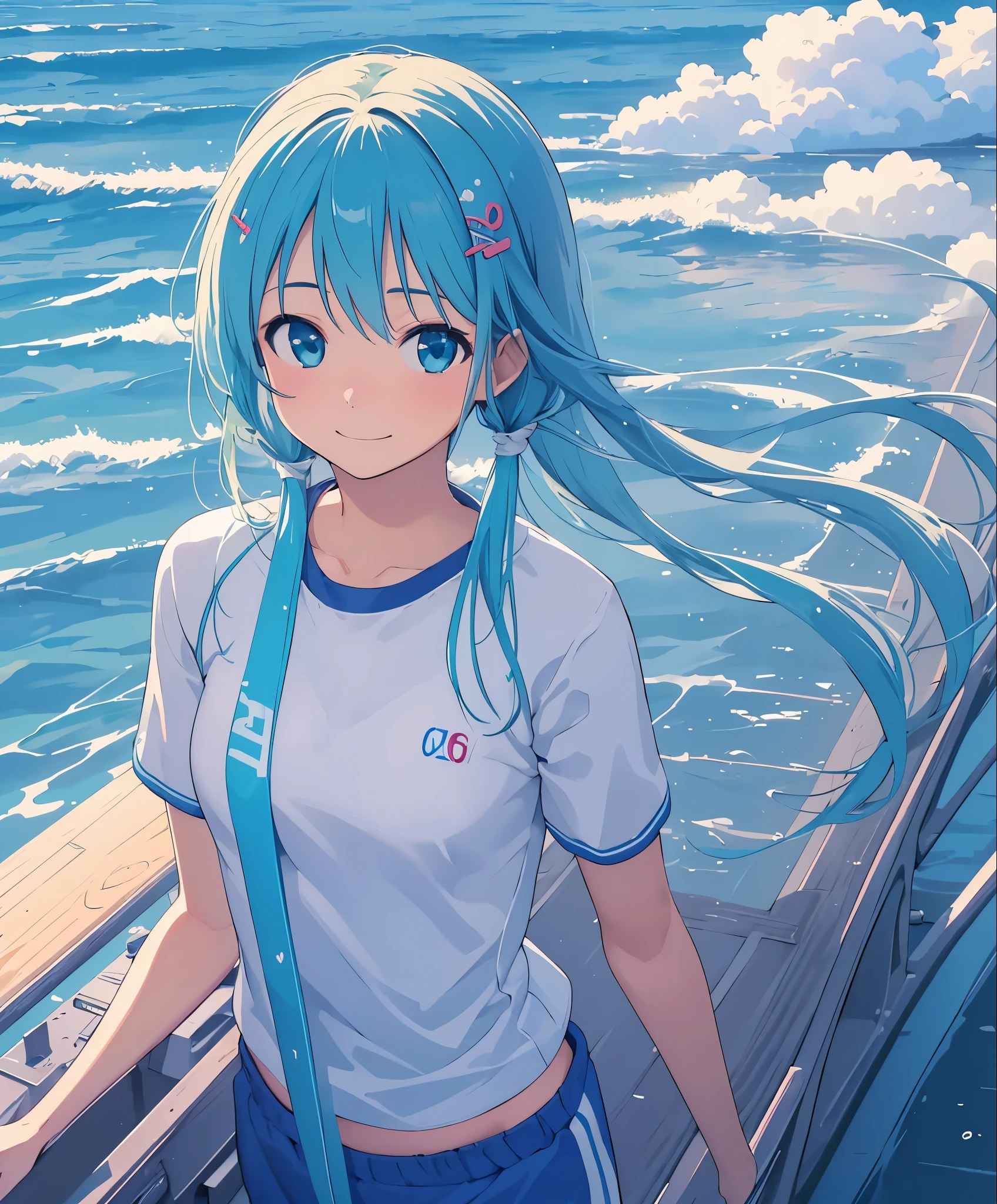 (masterpiece、highest quality、highest quality、official art、beautiful beautiful:1.2)、(1 girl:1.3)Hatsune Miku、twin tails,big breasts,table top, highest quality, 8K_wallpaper, (beautiful eyes), ((cute)), cute, (Lovely), (Please park on sunny days),1 girl,,1 ,standing girl,smile,close up of face、Portrait(((run a marathon)))、(((jogging)))、((track and field uniforms))