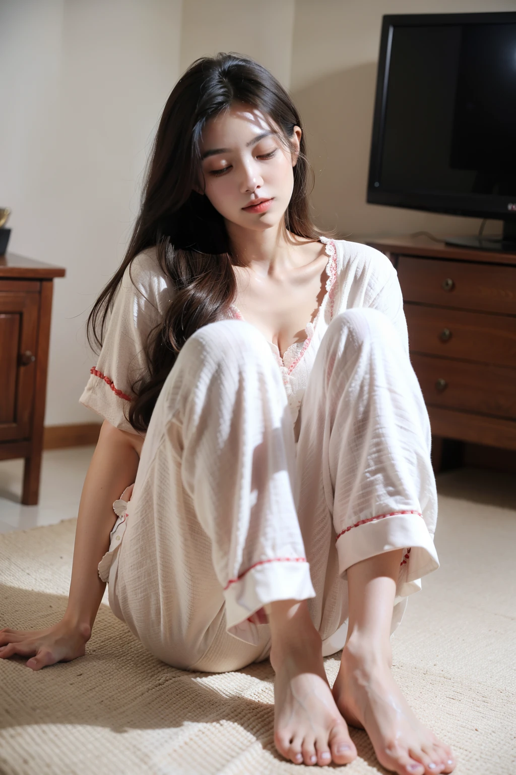 Surrealism, high detail, movie lighting, Ray tracing, perspective, Shoot at eye level, ultra high definition, masterpiece, textured skin, 4K, Best quality Sitting on the floor Long hair Slender hands Perfect feet Eyes closed Biting lips Seductive expression Wearing conservative pajamas About 35 years old