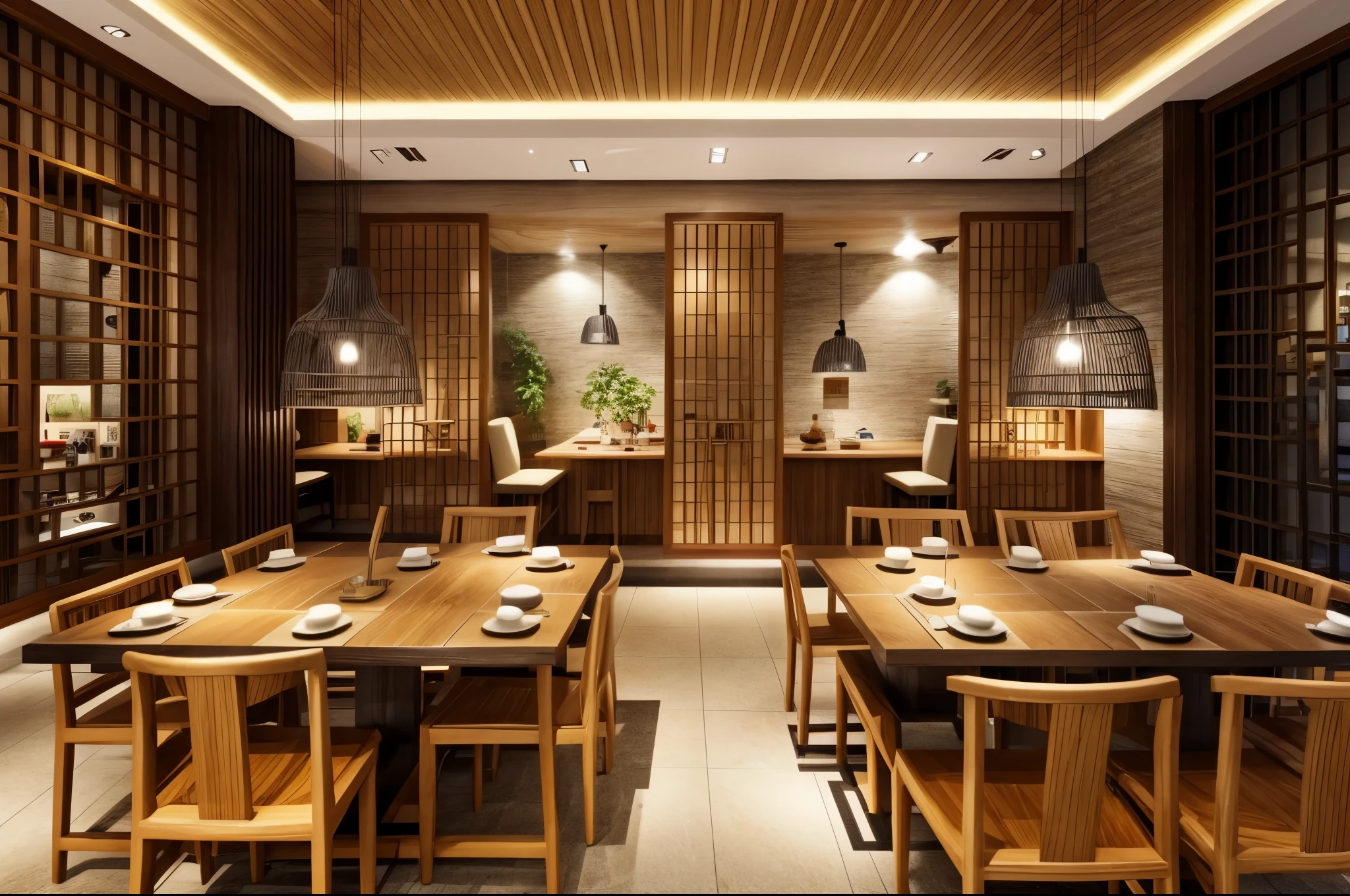 Hong kong restaurant in modern style, high quality photos, gray tile floors, art deco ceilings, The walls are decorated in bright colors and have murals, Stone table top, gray wooden chairs