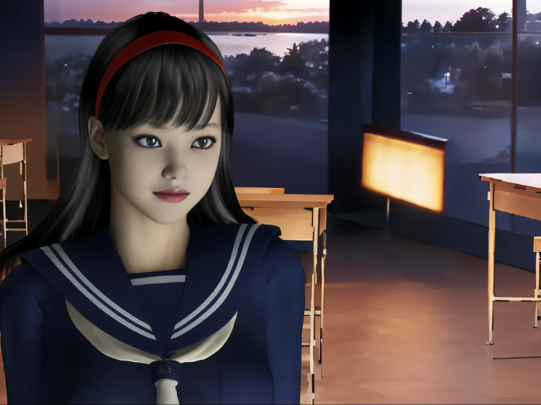 (dark photo、unity、8k wallpaper)、(very delicate and beautiful)、(masterpiece)、(highest quality:1.2)、(超A high resolution:1.3)、(beautiful realistic asian),beautiful lighting、perfect lightning、realistic shadow、fine skin、Super detailed、detailed face and eyes、realistic eyes、sharp pupils、Huge , inside the classroom、School、sunset、beautiful face、blurred background、(japanese woman)、shiny skin、side up、beautiful black hair、dull bangs、Japan High School Sailor Uniform、pleated mini skirt、gentle smile, ((table top, highest quality)), (shiny skin), cinematic lighting, Physically based rendering, award-winning, highly detailed skin, highly detailed face, Beautiful eyes in every detail, Carl Zeiss 85mm F/1.4, (Standing position), (cumin , on the chest and thighs), she'She's a very cute 16 year old , (black hair, straight long hair, open your eyes, blush), big cleavage, (sailor blouse, Pull up the pleated skirt yourself:1.3), watching from a distance, (navy knee socks, thigh focus),art by、