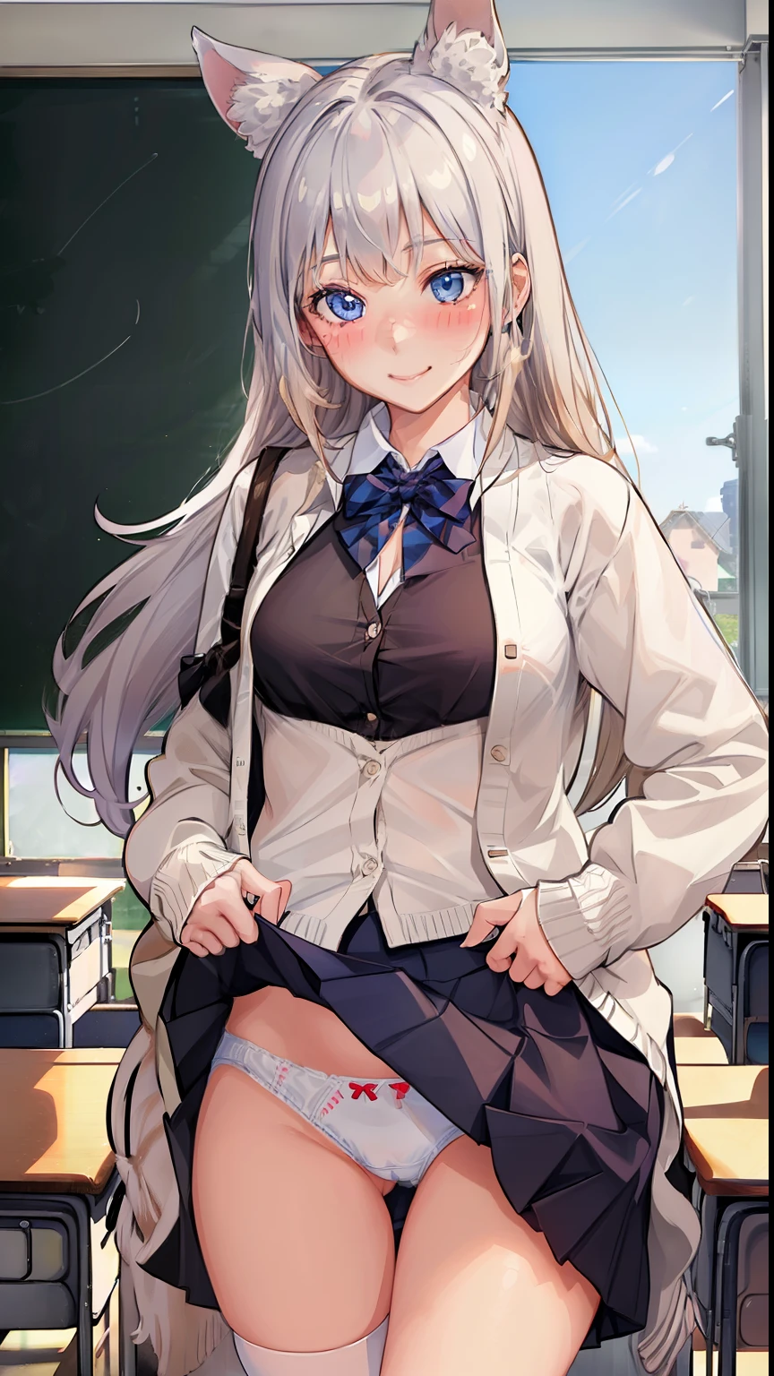 ((1 girl:1.5))、(smile:1.5)、、（cowboy shot）、(fun!!)、(white cardigan:1.5)、(dog ears)、(silver hair)、(blush:1.5)、(long hair)、(eye highlights:1.3)、blake black shoes,(黒いskirt:1.5)、bow, button, shirt with collar, long sleeve,  ((red bow tie, ,, white shirt, チェック柄のskirt:1.5、white socks)),, shirt,, skirt, socks, thighs, white shirt, Rest indoors, ((classroom:1.5))、 BREAK while watching the audience、 (perfect hands, perfect anatomy),cowboy shot、(skirtlift:1.3),(highly detailed white panties:1.3)、(highly detailed panties:1.3)、、(skirt that rolls up:1.3)、(fully exposed panties:1.5)、light blue eyes