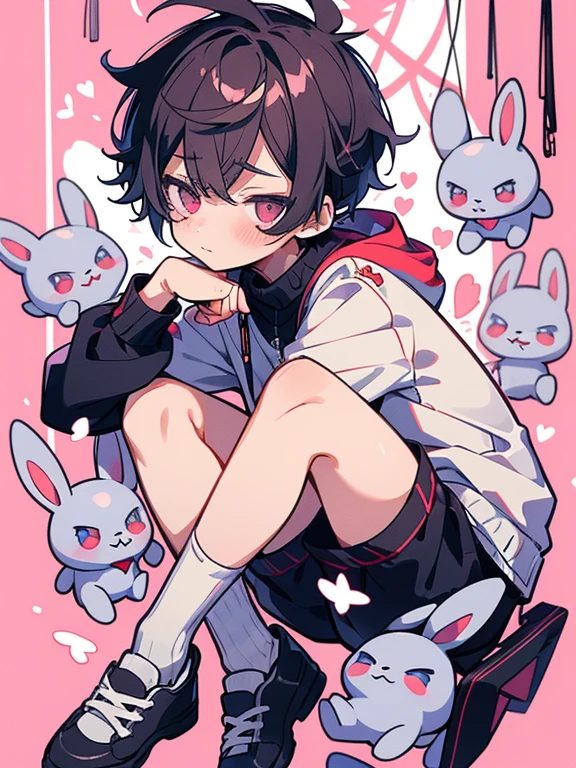 boy1名, flower,portrait,boy shota、rabbit stuffed animal、tracksuit、shorts、light-pigmented hair、pink eyes、high quality、High resolution、energy、cute、flower、knees、Complex scars、curtain、background 、heart、red ribbon、Chocolate covered strawberries、scattered love letters、exposed belly、blush、tears、Naughty nipples、butt、ペニス 太もも 肌色多め スケベ エロ 布が少ない 肌露出 1男1男Shota (masterpiece、最high quality、high quality)、boyが2人 若いboy'whole body、 shortcut、white loose socks、sneakers、Shota、boy) whole body キャラクターデザイン 仲良し、Street Style Baggy Clothes Pompadour、Pin the bangs