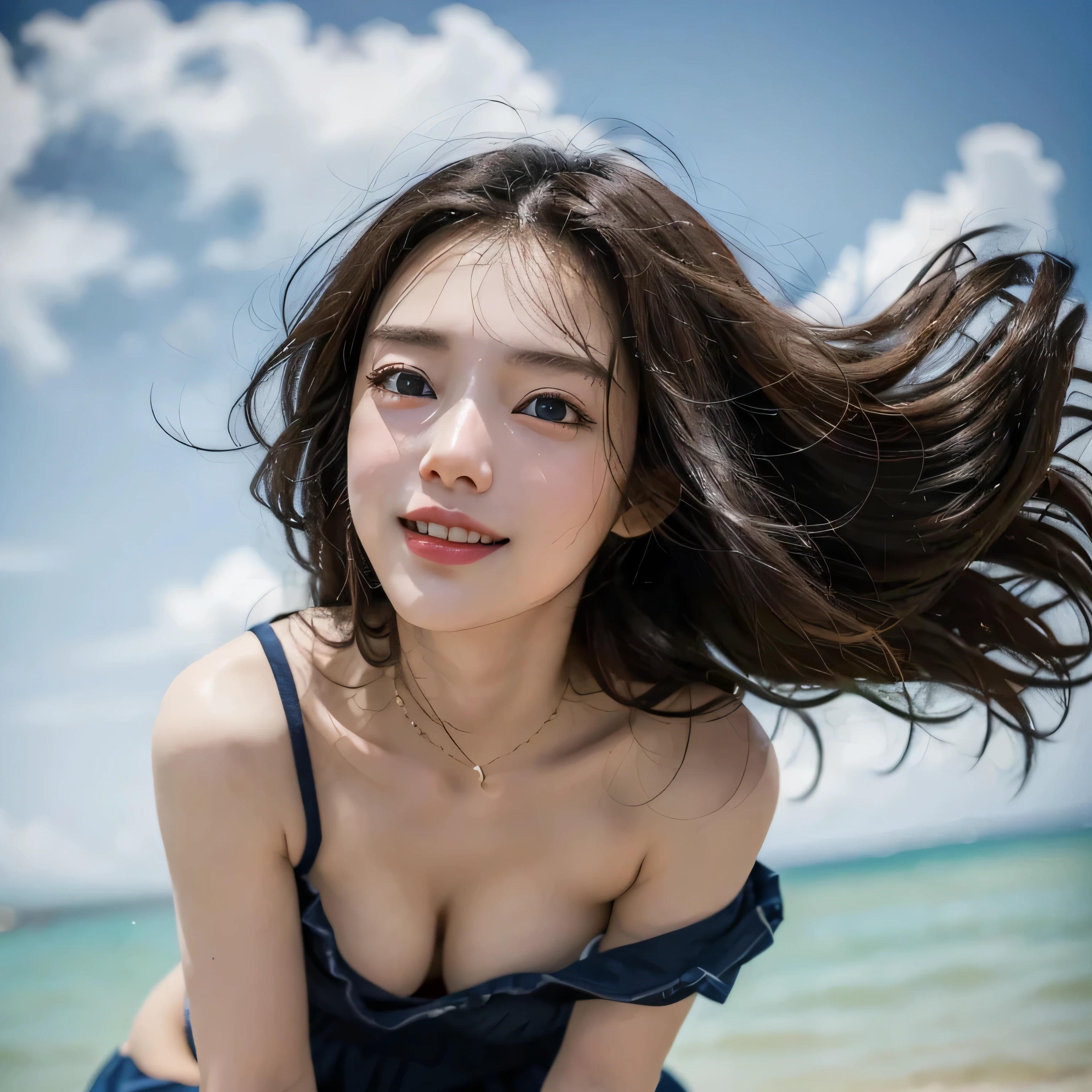 (photorealistic:1.4),8k,(masterpiece), best quality, highest quality, (detailed face:1.5),original,highres, unparalleled masterpiece, ultra realistic 8k, perfect artwork, ((perfect female figure)),mature female, milf, narrow waist, skinny,detailed skin, 1girl, solo, long hair, , short sleeves, serafuku,blue skirt, shirt, sailor collar, in cultivation tank,(floating hair:1.2), floating clothes, barefoot, air bubble,full body, looking at viewer, ((summer beach background)), sparking smile, sexy pose, ((view from below))