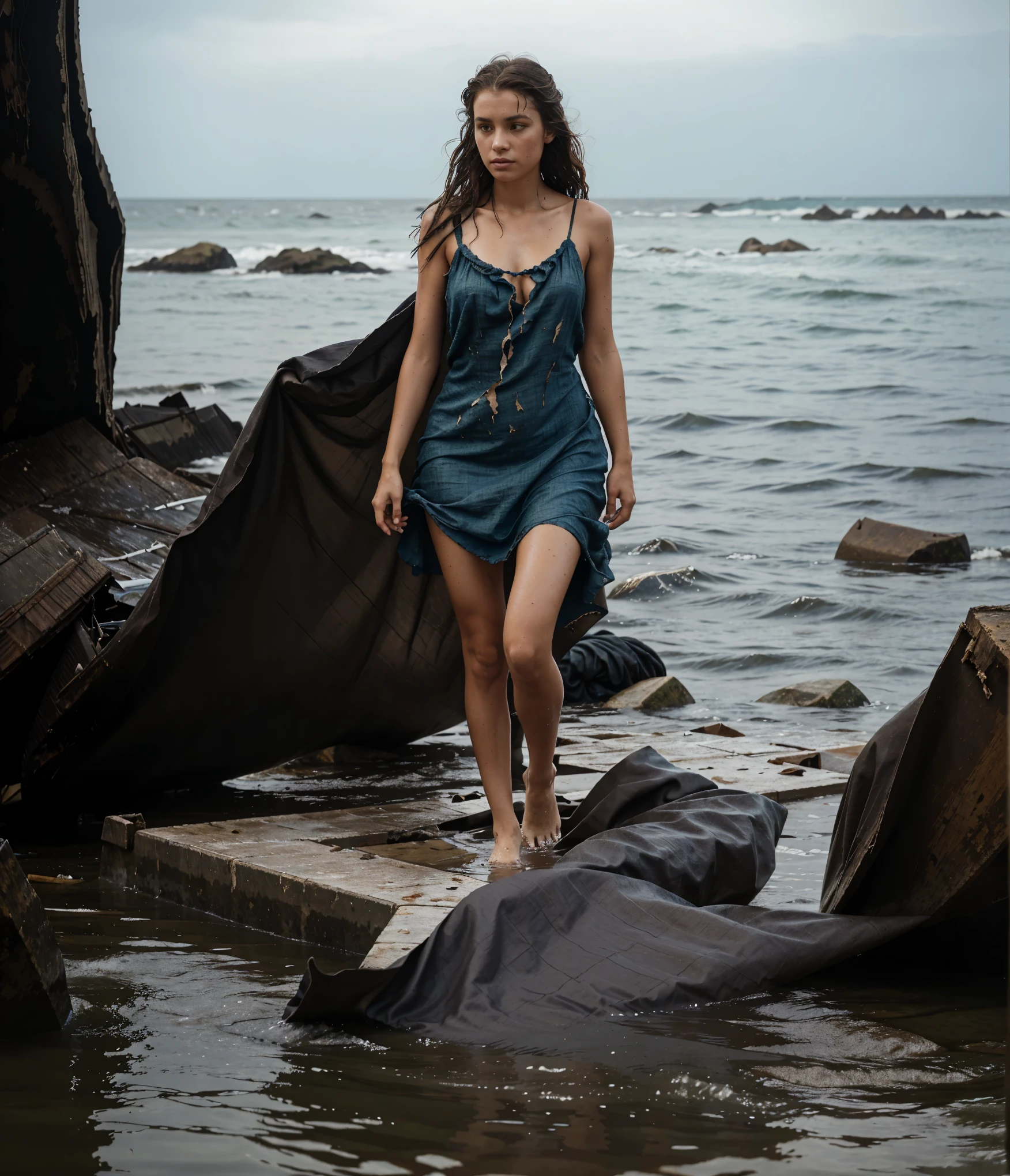reference sheet: 1.8, great details, high quality, masterful work, a beautiful girl walks along the surface of the water at dusk, gloomy atmosphere, wet dress, gloomy background, River, stones, Dry trees, girl in a wet dress, Barefoot, bare legs, got lost, girl in search, in a torn dress, torn clothes, torn fabric, pieces of cloth, came ashore after a shipwreck, shipwrecks float in the distance, wounds and abrasions on the body, walks and limps, in search of accommodation and food, a seriously wounded girl in scraps of dress and torn fabric, holds the wet hem of her dress with one hand