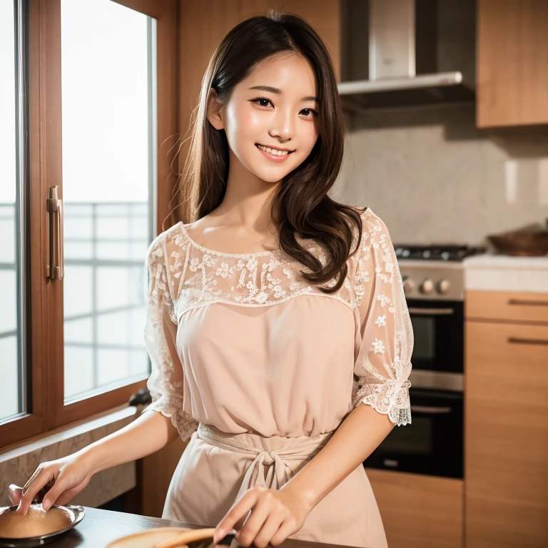 The eyes of a young, beautiful Japanese woman in the sex industry who looks back at me while cooking in the kitchen and smiles like a . Focal length 100mmf/2.8, spring morning, dining kitchen on the upper floor of a high-rise apartment, well-shaped face, long hair, toned body, peach-colored blouse with lace decorations and skirt in a subdued tan color, transparent. Close-up of skin and facial expressions, realistic feeling, 8K image quality, highest quality.