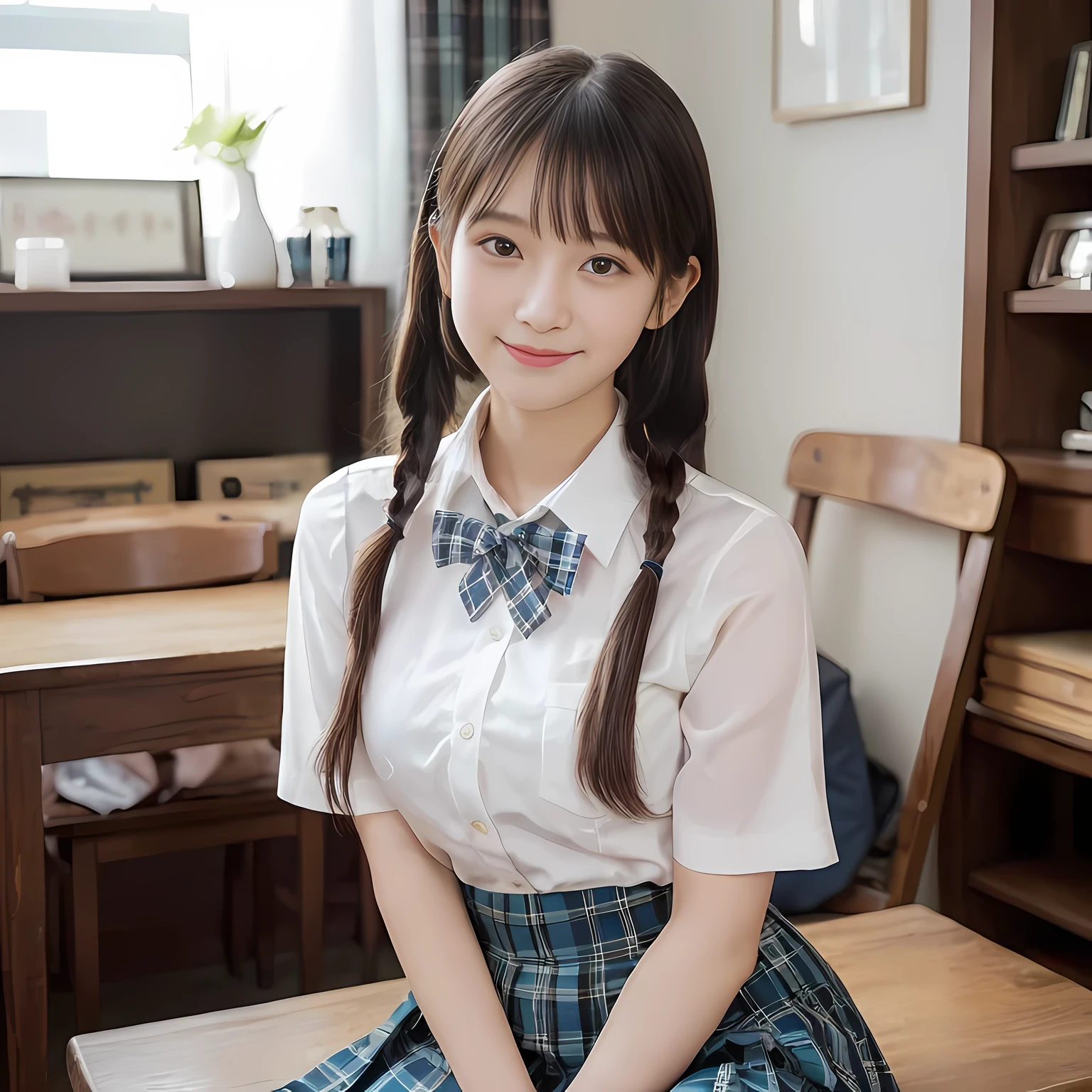 (highest quality、masterpiece:1.2)、highest quality、realistic、photograph、High resolution、1080p、8K、Pale, rough skin、The face is especially pale., physical rendering、((Height: 155cm)), one Japanese girl、A siren who looks like a Japanese junior high school student sitting in a music room、cute japanese girl, 14 years old, , (((big very detailed beautiful dark brown eyes))), ((blue girly large wine-red glossy polyester Japanese school ribbon bow tie)), ((((very beautiful black long braids hair)))), ((((deep blue colored tartan checkered formal long pleated pleated skirt)))), ((A formal dark blue blazer that is slightly oversized and has an emblem on the left chest.)), (((Looking at the viewers with loving eyes, smiling))), ((((((Very happy)))))), mouth is open, The big skirt is very cute, detailed fingers, Slender body, ((curled bangs)), so beautiful, long eyelashes, ((Very big and very very very cute eyes of a Japanese girl)), ((large pupils)), double eyelids, The entire skirt is photographed, Very cute face, thin eyebrows, ((drooping eyes)), ((long eyelashes)), ((cute lovely lovely laughing laughing cheeks)), ((The pure white light hits her face from the front, making her skin and eyes shine beautifully.)), (((((Very neat and so beautiful))))), shot from the side, ((idol face)), ((The sun is shining on my cheeks))