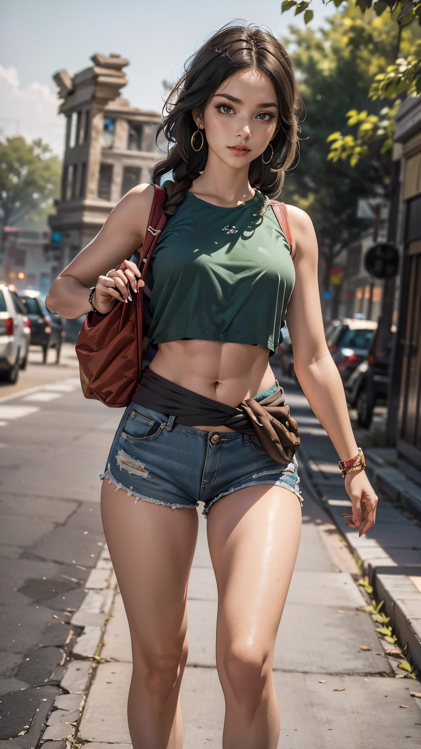 ((最high quality, 8K, masterpiece: 1.3, Ultra HD, high quality, 最high quality, High resolution, realism)) 、(high color saturation:1.0), (highly detailed skin), (最high quality:1.0), (超High resolution:1.0) ,(realistic:1.0), (Super detailed:1.0), (8K, Raw photo:1.1), slender、Slender, muscular body that&#39;s toned like an athlete&#39;s、I don&#39;t want my head to disappear from the screen.、Wear accessories on your wrist、Wearing red nail polish、I have a peticure、cinematic lighting, sparkle 、hair above one eye、Wear a dark green sleeveless shirt、My abs are cracked、Navel visible、Wear hot pants、Wear sneakers、A city where people have disappeared for 30 years((ruins))、Plants proliferate and become forests、Braided long hair((low-braided long hair))、Brown inner color((colored inner hair))、Carry a big backpack、Wear a large waist bag around your waist、Carrying a large Boston bag in each hand