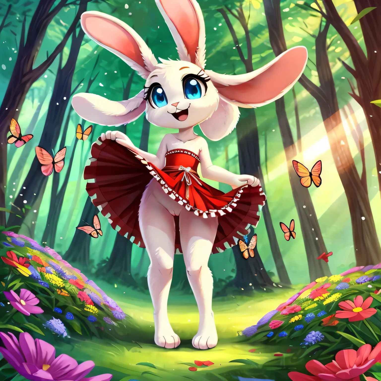 zoomed out image, ((solo character)), cute style art, fantasy style art, cute, adorable, short character, small, tiny little fluffy female white bunny with blue eyes, 4 ears, 2 extra ears, big floppy ears, long ears, ears perked up, raised ears, long eyelashes, skinny legs, large rabbit feet, long feet, y rabbit tail, wearing a long red frilly ribbon dress, visible dripping wet pussess lifted up, smiling, standing in a colorful fantasy forest, soft tones, big expressive smile, open mouth, wide eyes, excited eyes, excited face, stunning visuals, sunlight coming through the trees, flowers scatteredthe bushes, butterflies ie air, digital illustration