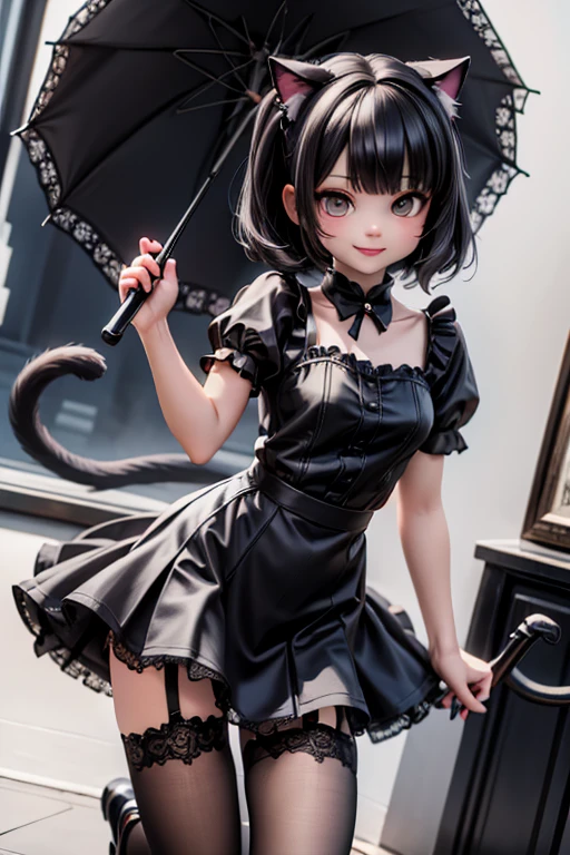 a cat girl smiling, goth clothing style, lace cloth clothing, wearing a mini ruffled skirt and crop shirt, shirt with short puffy sleeves, nylons, strap pumps, holding an umbrella, floating, creepy, horror style, dynamic pose