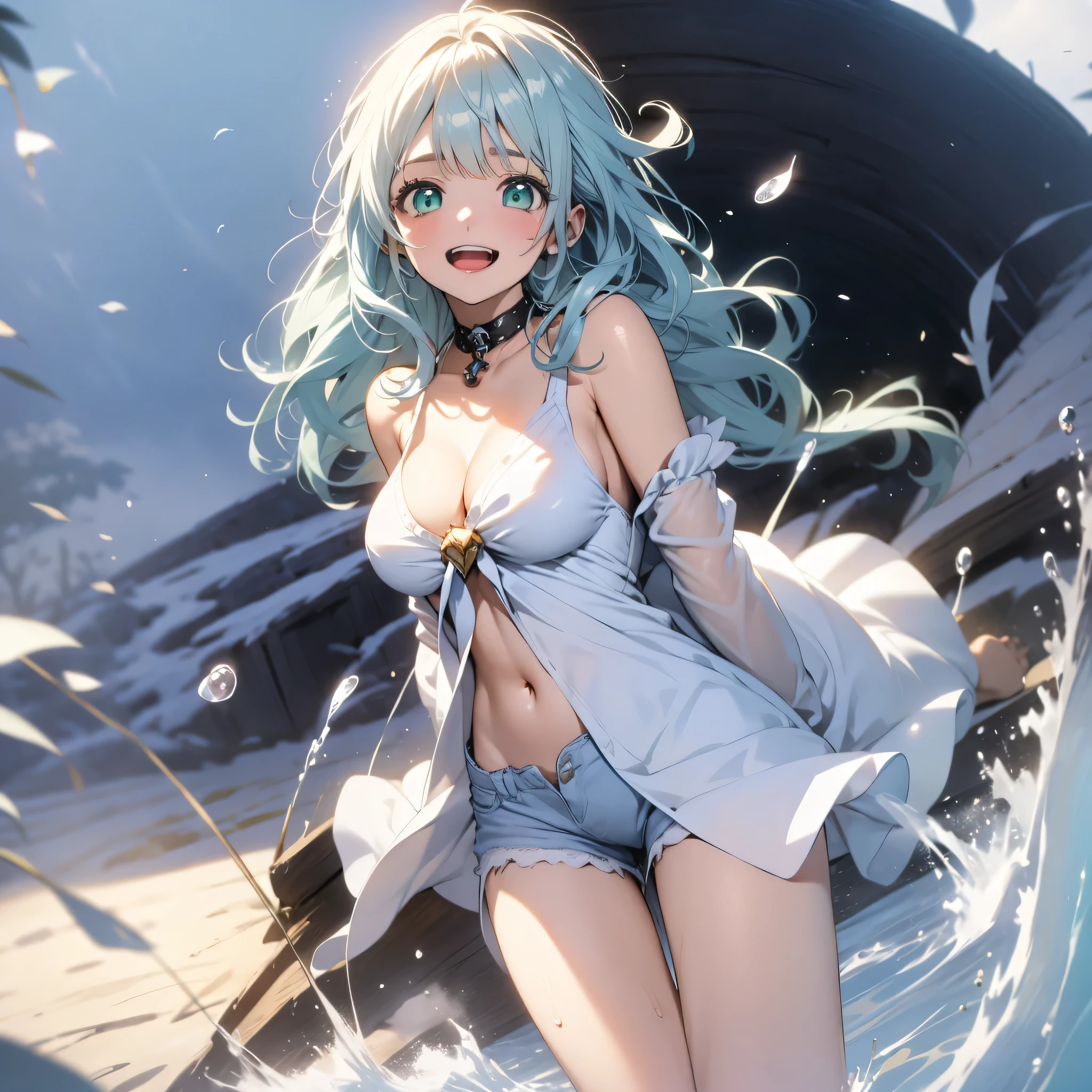 (shiny skin,melancholy look、Super detailed),((1 girl)),(perfect face, detailed face, fine eyes,perfect hands,perfect fingers), (medium breasts:1.2,evil smile:1.4),(mature woman:1.4),cowboy shot,thick,throw, (from below:1.4),short hair, Straight HARE,((白のone piece))、one piece、((8k wallpaper)),bare chest,cleavage, window,chest comes out,transparent clothes、(((white background:1.2)))、Put your arms behind your back、EMPosing for a bust size、(A gust of wind blowing from beneath your feet:1.2)、((Make sure nothing is visible except the person))、((Black long lace)),index, (green eyes:1.5), blue hair, long hair, habit