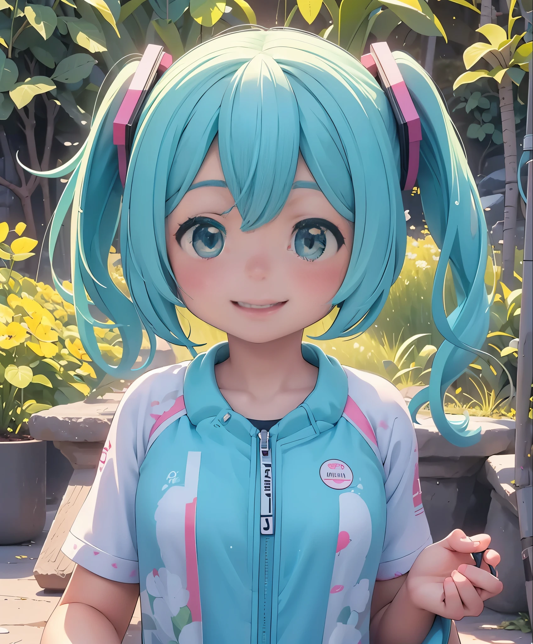 (masterpiece、highest quality、highest quality、official art、beautiful beautiful:1.2)、(1 girl:1.3)Hatsune Miku、twin tails,big breasts,table top, highest quality, 8K_wallpaper, (beautiful eyes), ((cute)), cute, (Lovely), (Please park on sunny days),1 girl,,1 ,standing girl,smile,close up of face、Portrait(((run a marathon)))、(((jogging)))、((track and field uniforms))