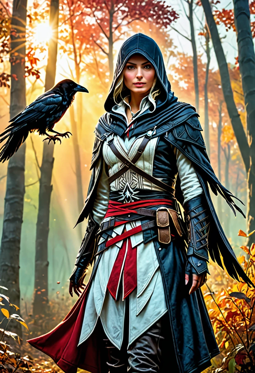 wide shot:1.4, (masterpiece:1.5),(Best quality:1.6), (ultra high resolution:1.4),((1 beautiful woman in well-covered Assassin's Creed-style clothing with a crow:1.5)), middle of the forest at sunset:1.7)), landscape, vibrant colors, sunrise, sun rays passing through the trees, leaves falling from the trees, dew on leaves and plants, clouds, (( magical, beautiful, otherworldly, trees:1.4 )), (( Best quality, vibrant, 32k, clear and well-defined shadows)).