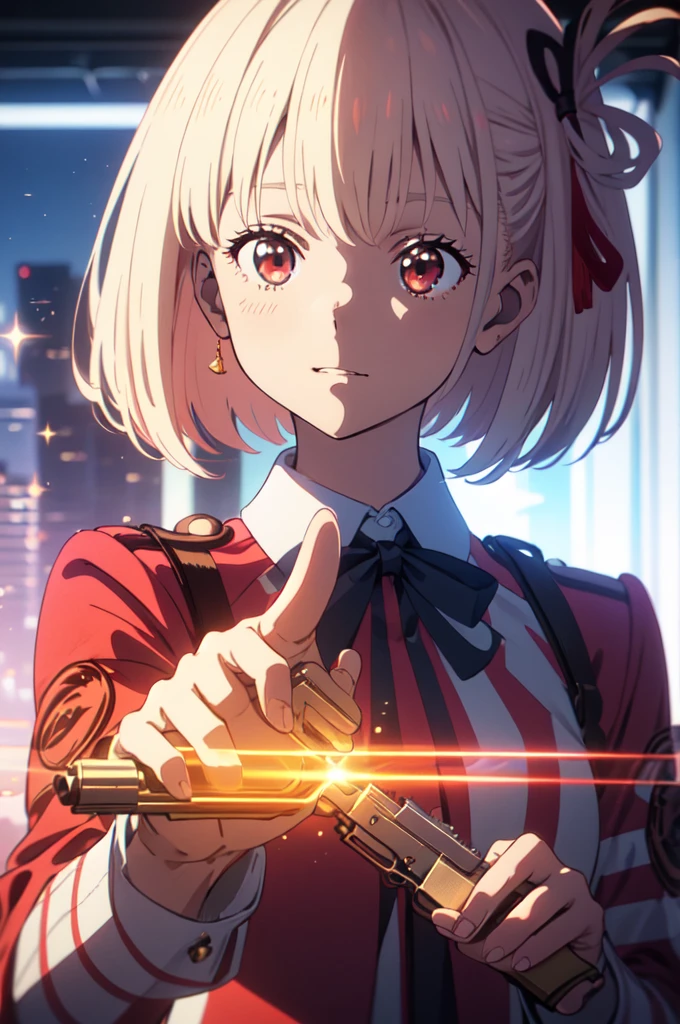 full body, pointing gun, gun action, at the audience, detailed five-fingered hand, holding a handgun, hundgun action, Chisato Nishikigi, lycoris uniform and sparkling background, highest quality,((highest quality)),((table top)),((perfect face)), detailed５two-fingered hand,1 girl and city background, ((holographic)), (stripes of light), impressive visuals, Like the cover of a movie, (dynamic streak, path of light:1.2), bright colors, and face up,dynamic pose,